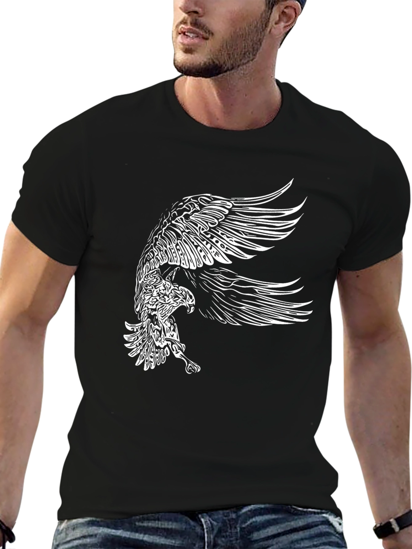 Black Men's Black T-Shirt with Eagle Graphic view 6