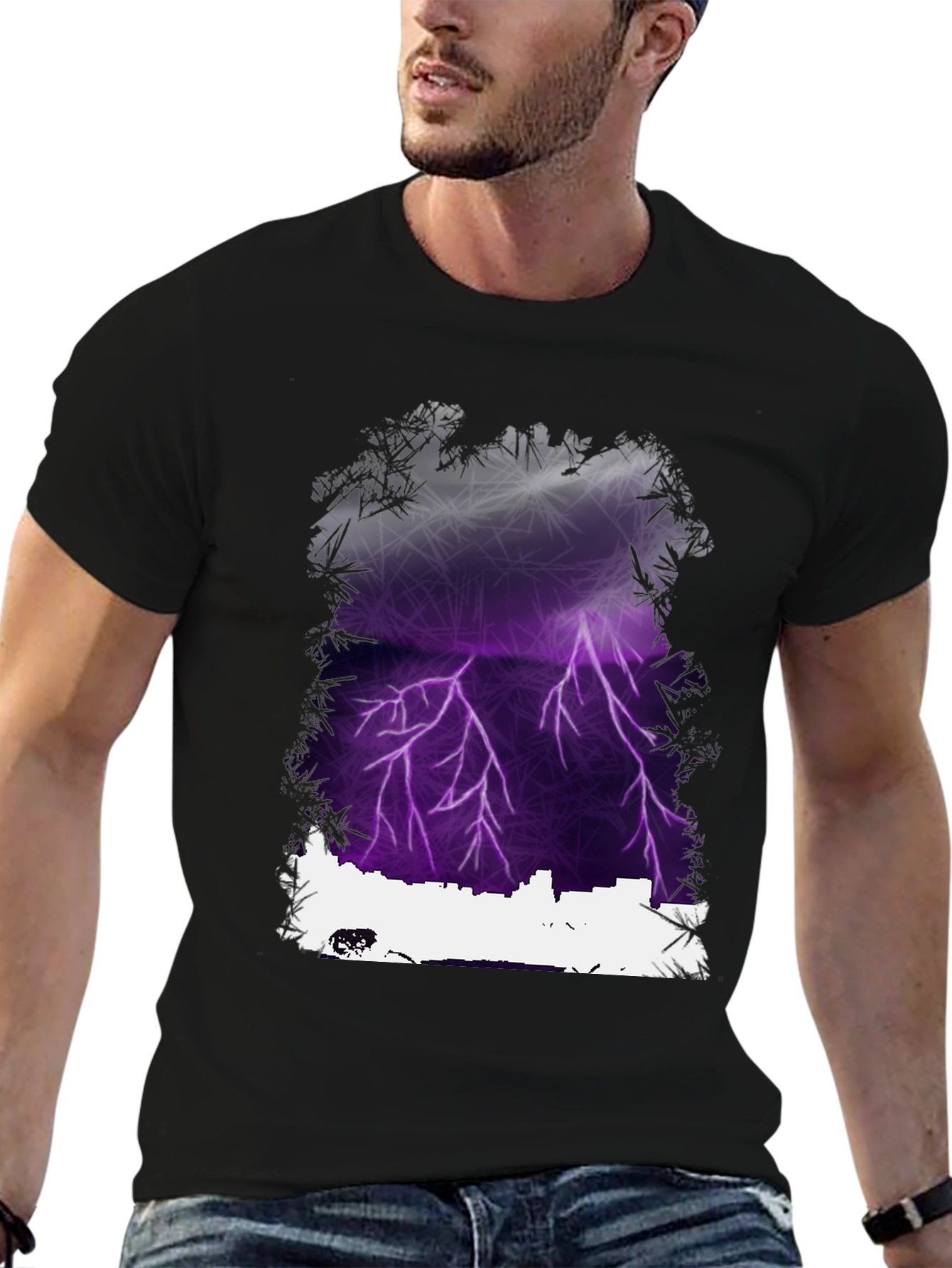 Black Lightning Cityscape Graphic Tee - Men's Black T-Shirt view 6