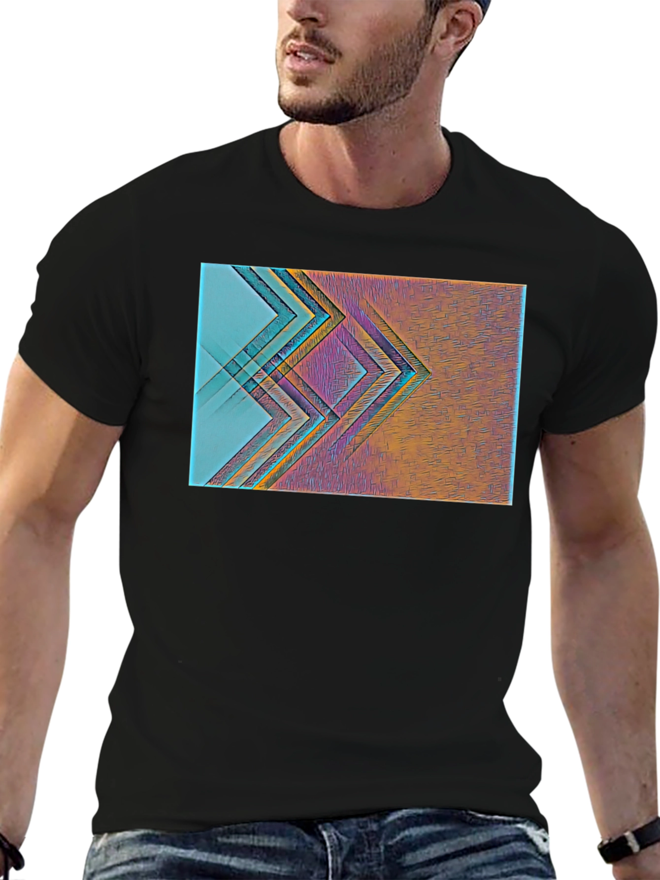 Black Abstract Geometric Print Black T-Shirt view 6