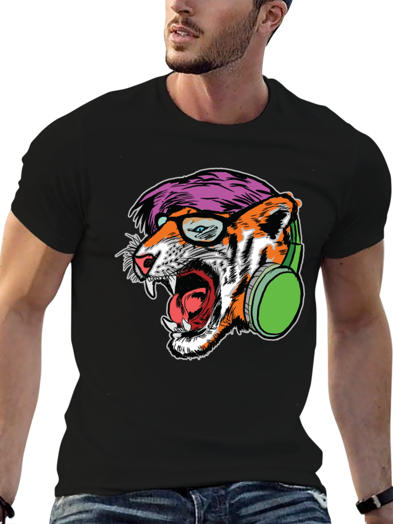 Black Cool Tiger Graphic Tee - Headphones & Glasses view 6