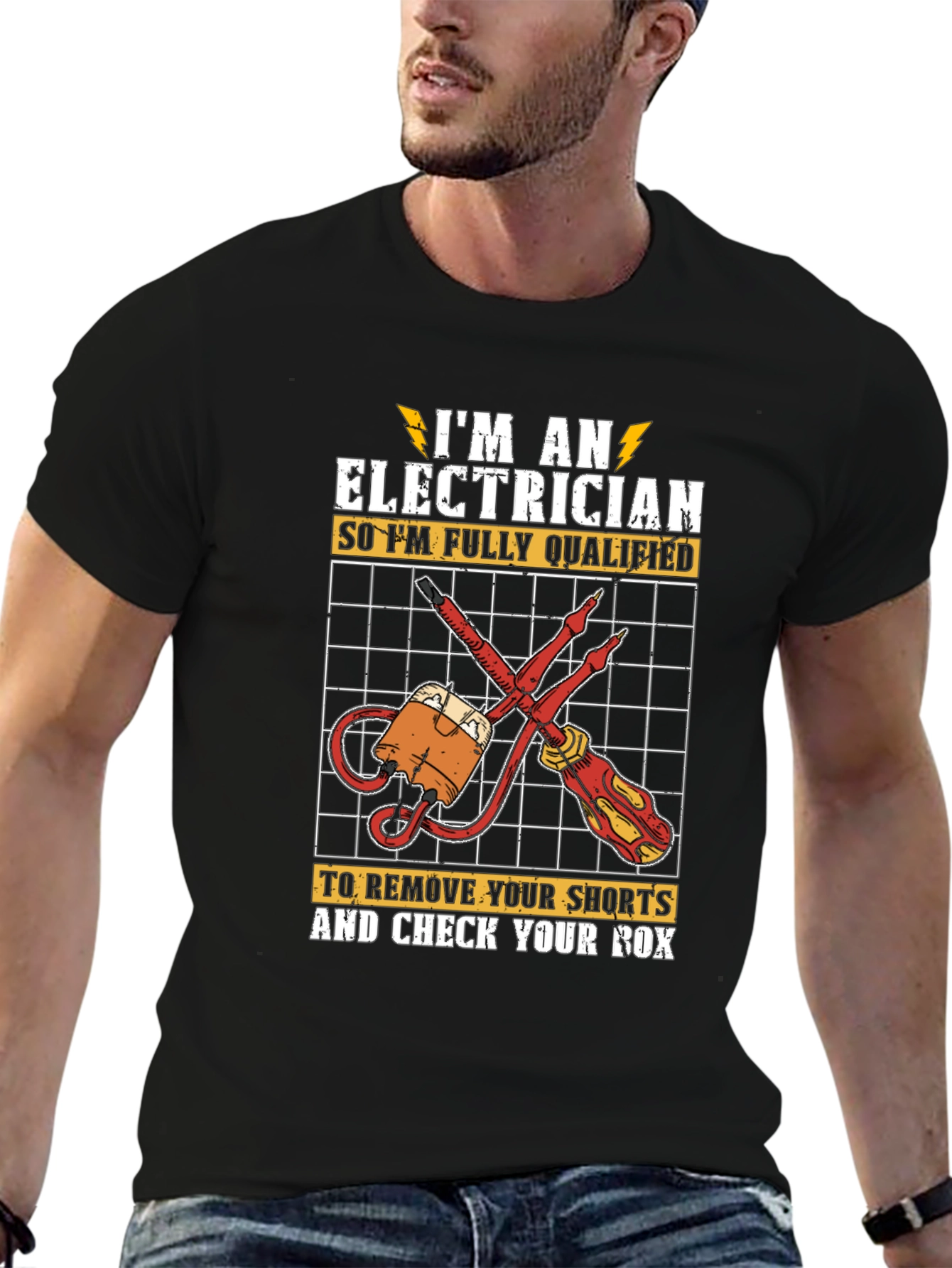 Black Electrician Humor Graphic T-Shirt - Qualified to Check Your Box view 6