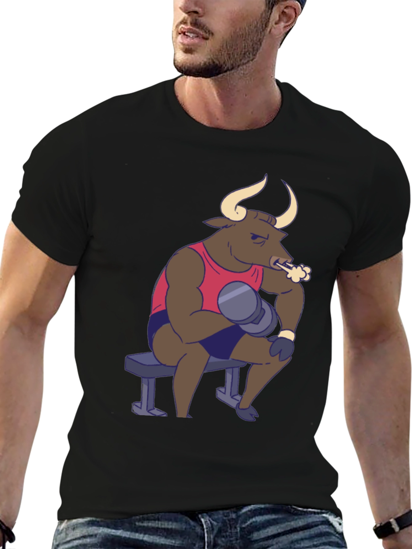 Black Funny Bull Lifting Weights T-Shirt view 6