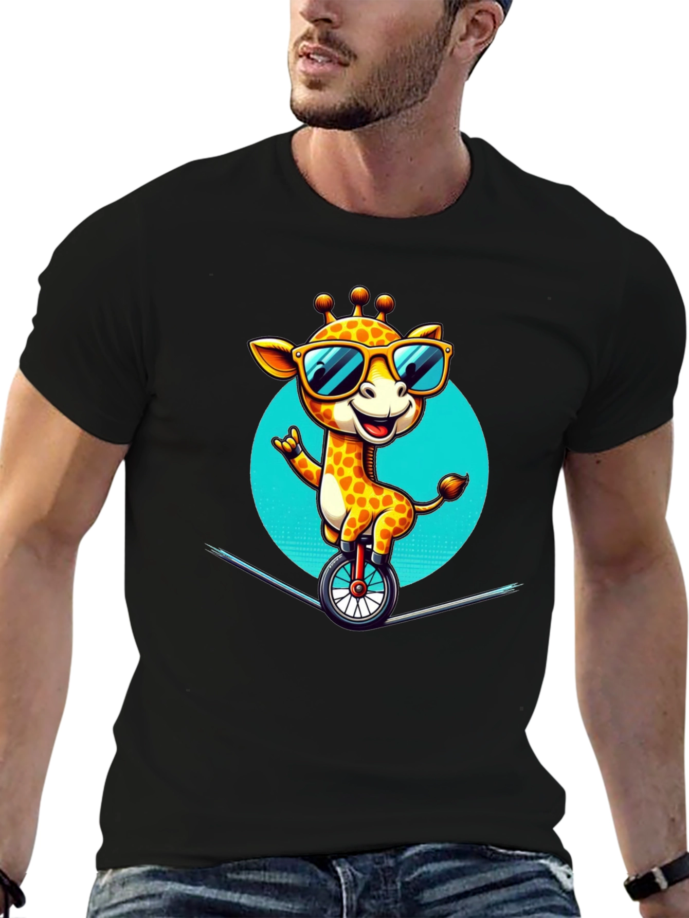 Black Cool Giraffe Unicycle T-Shirt view 6
