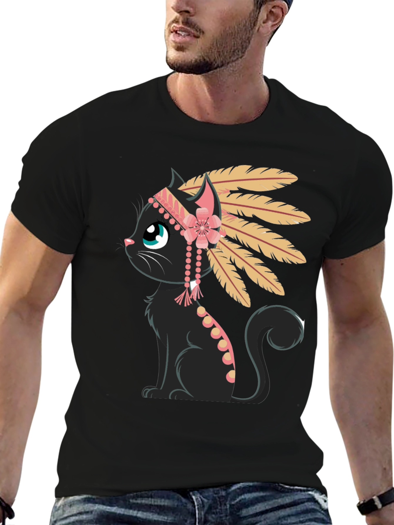 Black Indian Cat T-Shirt - Black Tee with Graphic view 6