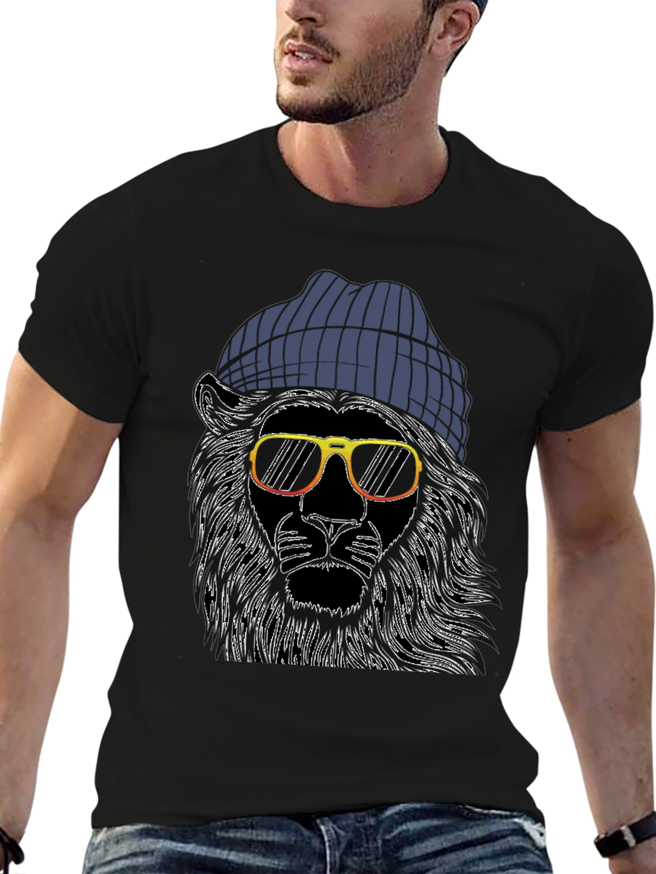 Black Cool Lion Graphic Tee - Men's Black T-Shirt view 6