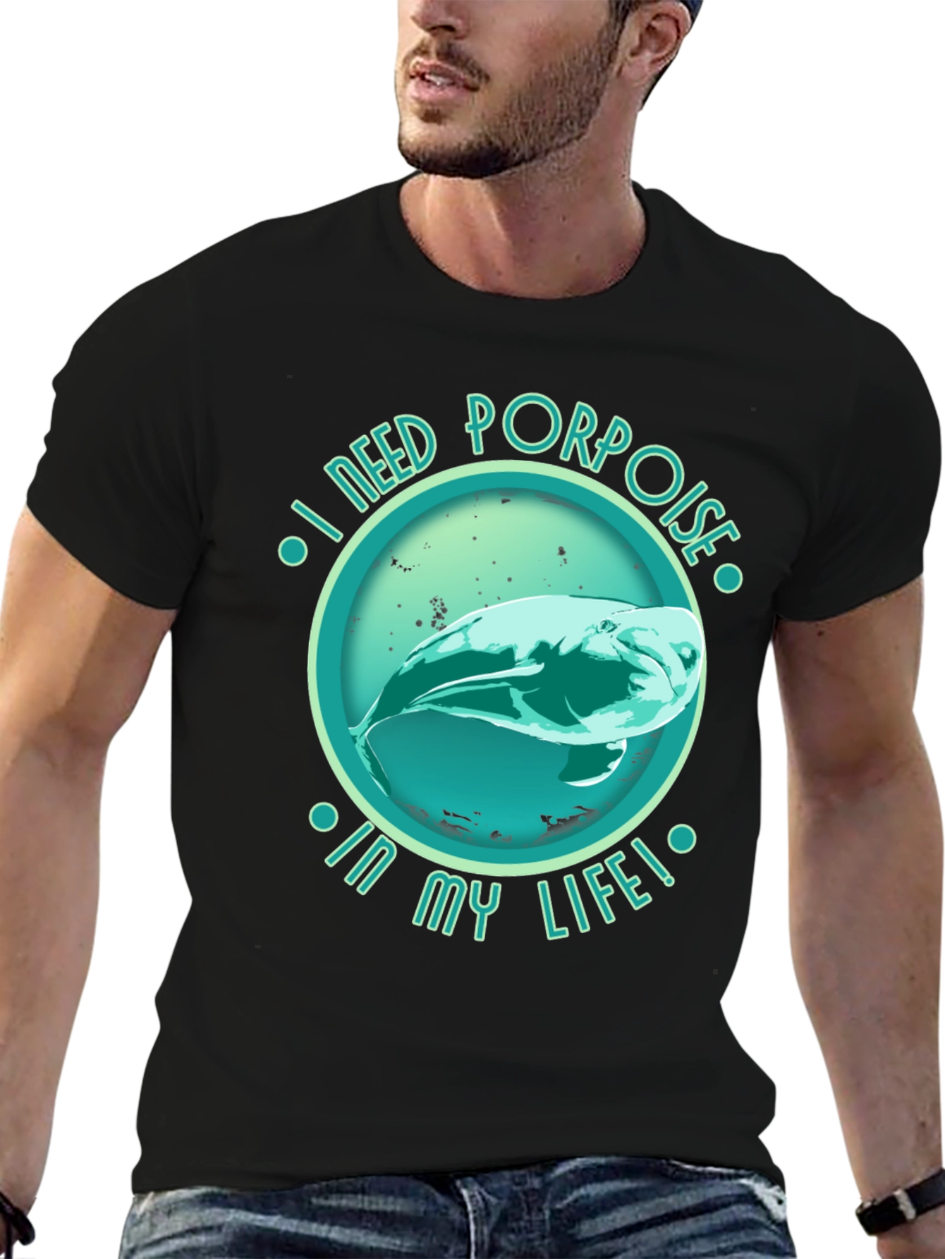Black I Need Porpoise in My Life Black T-Shirt view 6
