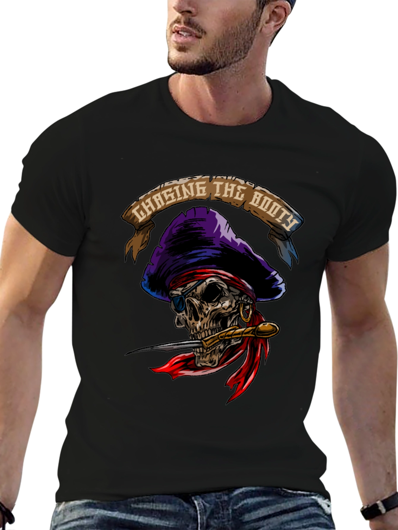 Black Chasing The Booty Pirate Skull Graphic T-Shirt view 6