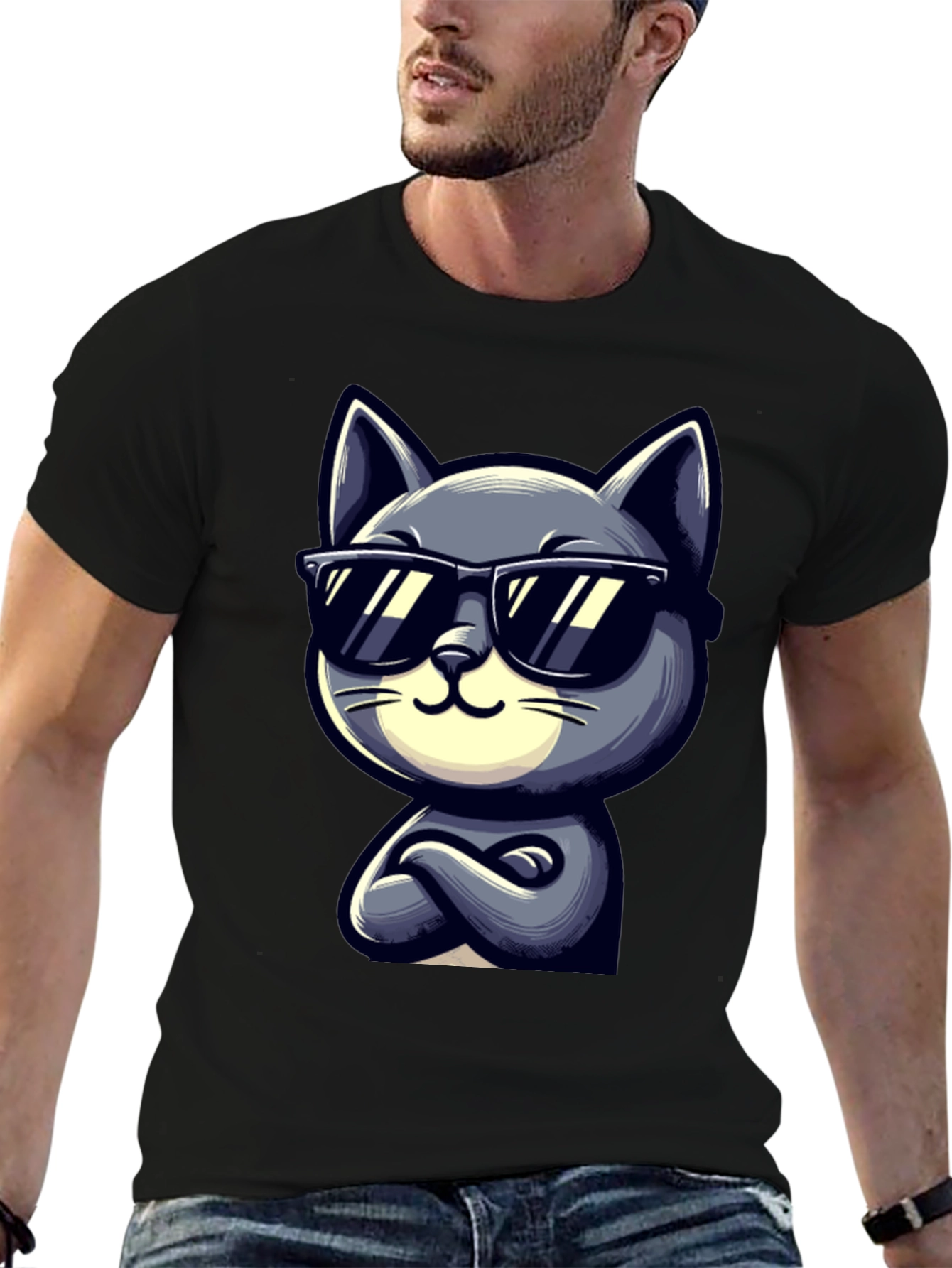 Black Cool Cat Cartoon Graphic T-Shirt view 6