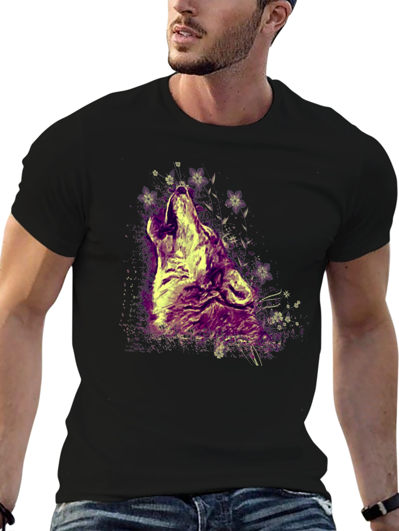 Black Wolf Howling T-Shirt - Graphic Print Crew Neck Tee view 6