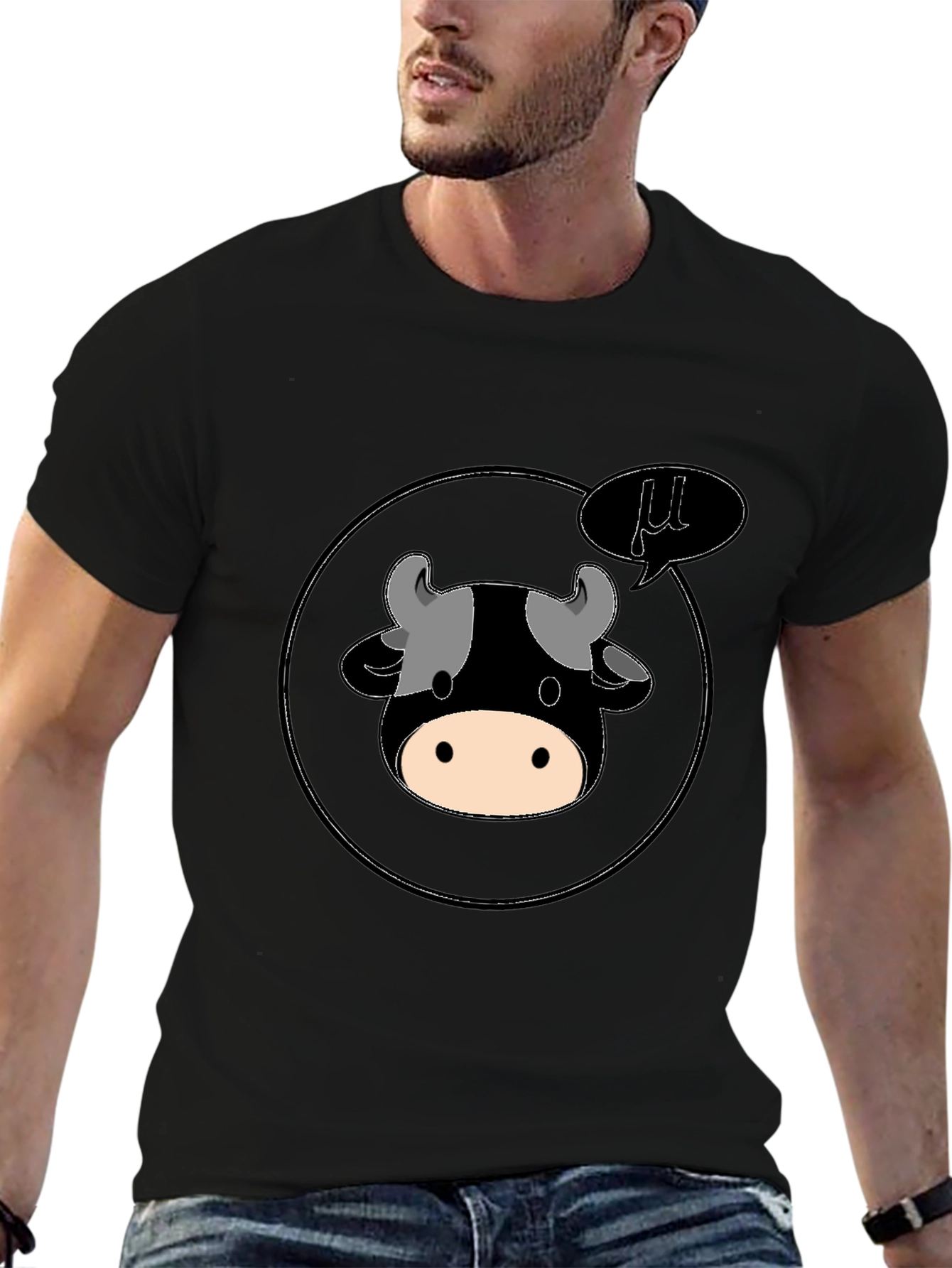 Black Funny "Moo" Cow Cartoon Black T-Shirt view 6