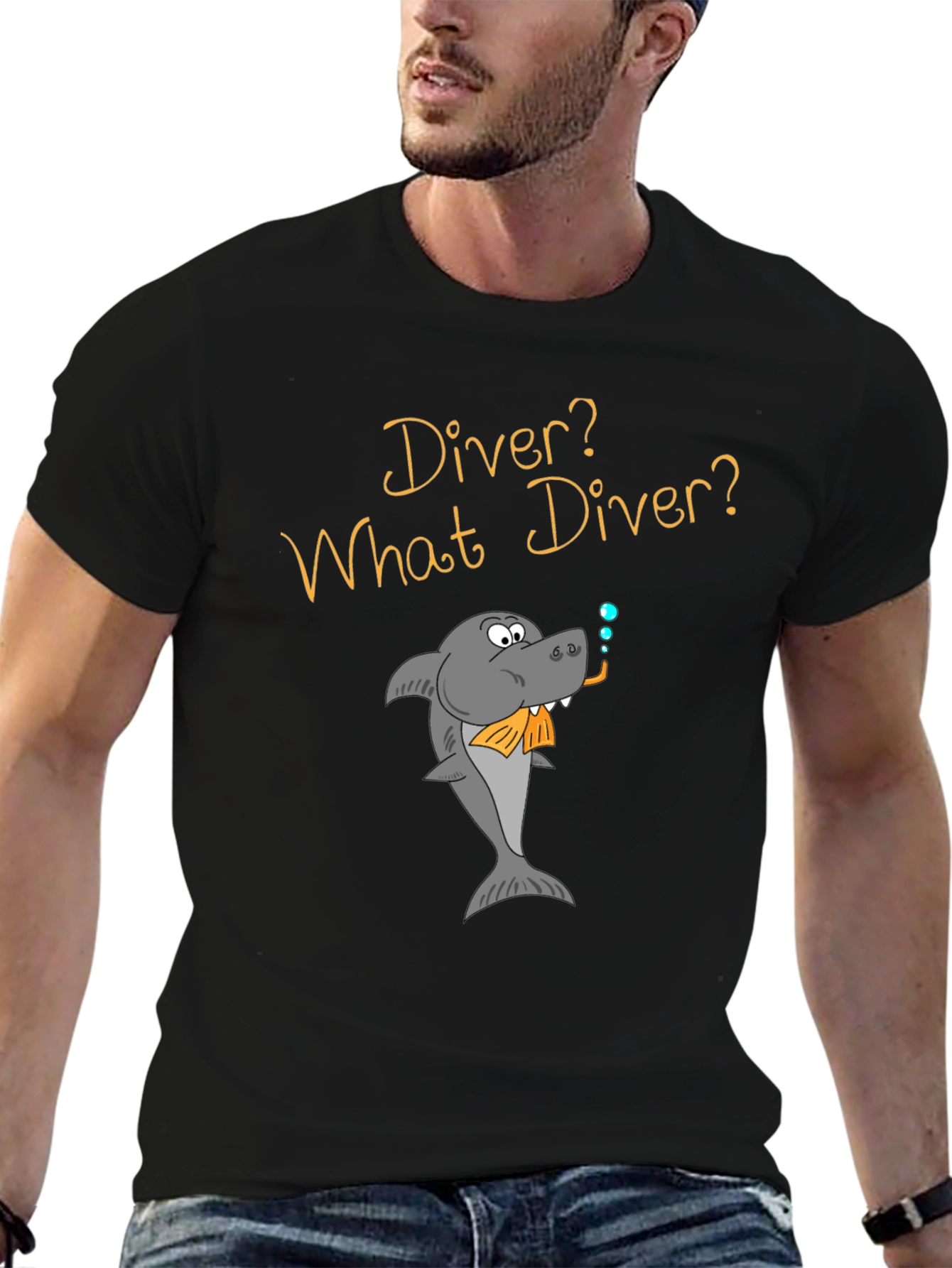Black Humorous Diver Shark T-Shirt view 6