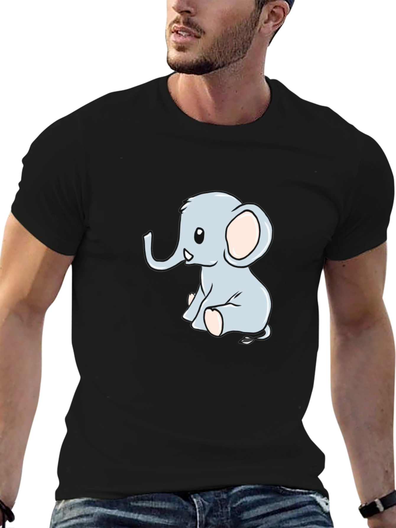 Black Cute Cartoon Elephant Black T-Shirt view 6