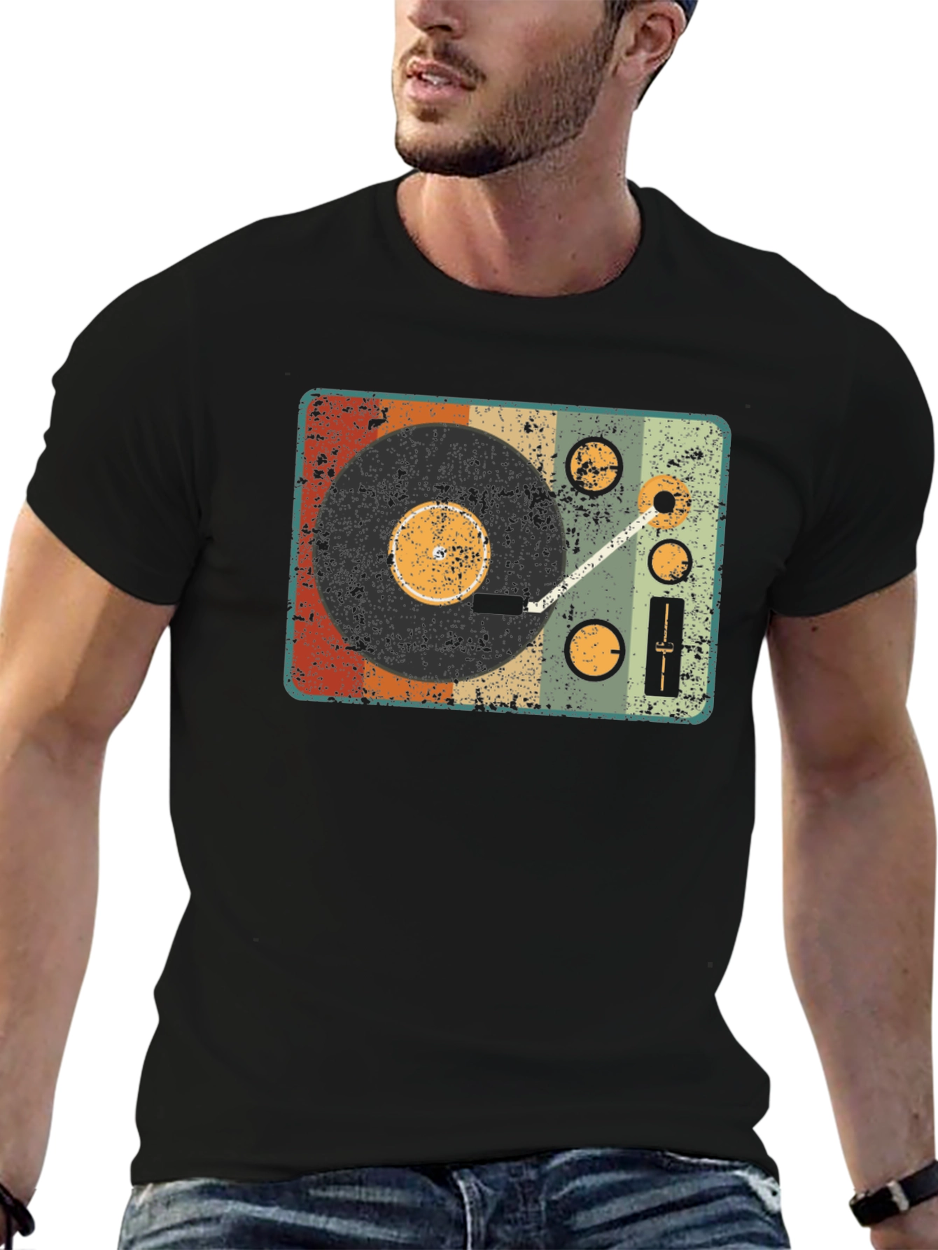 Black Retro Turntable Graphic T-Shirt - Vintage Music Lover Tee view 6