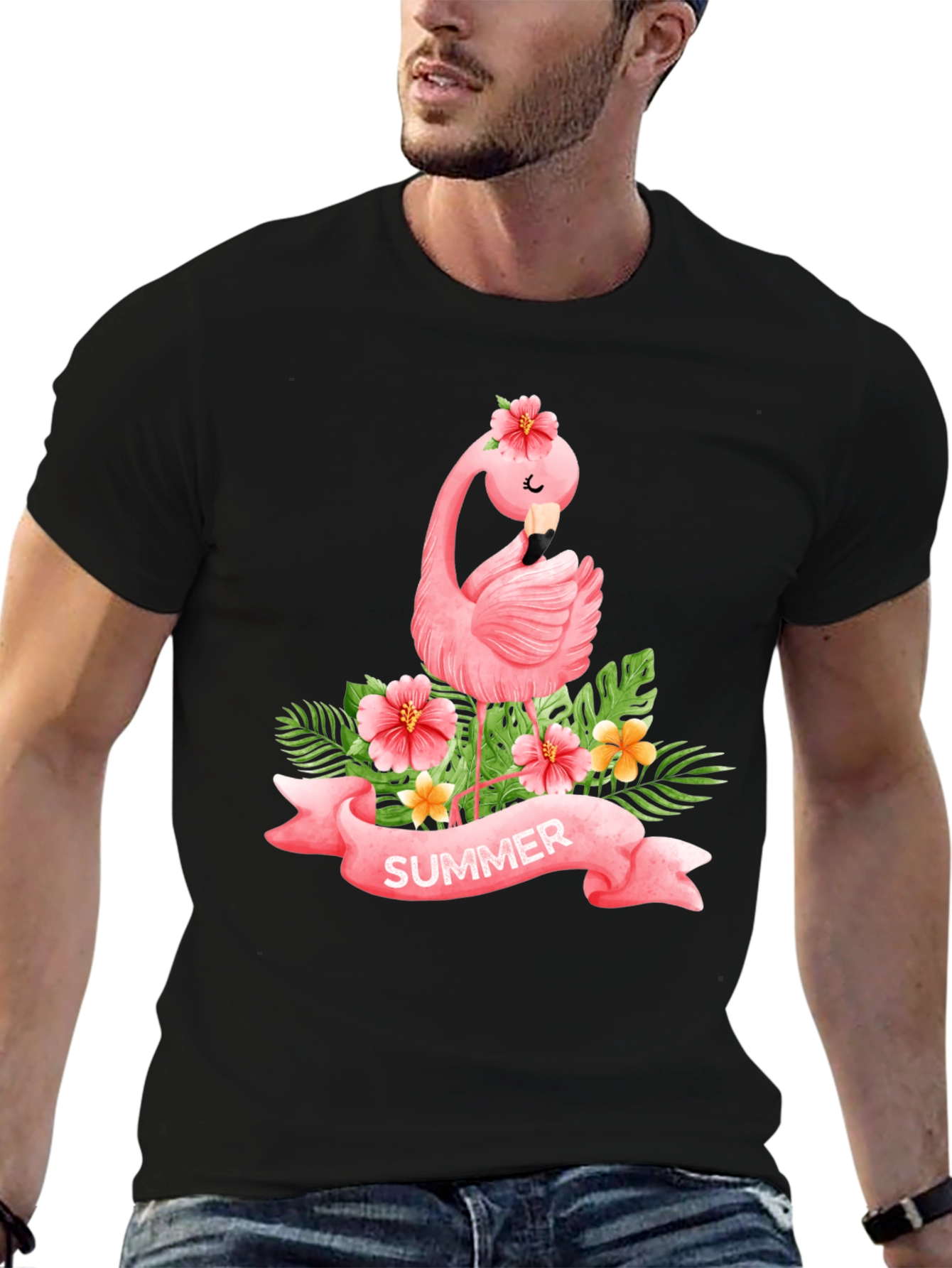 Black Summer Flamingo Black T-Shirt view 6