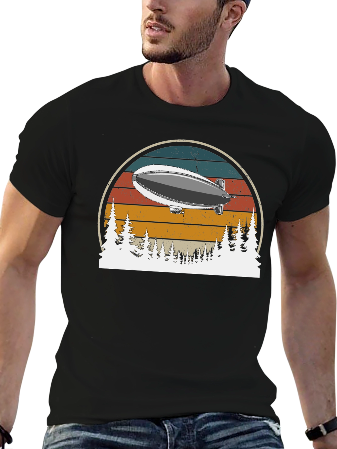 Black Vintage Airship Sunset T-Shirt view 6