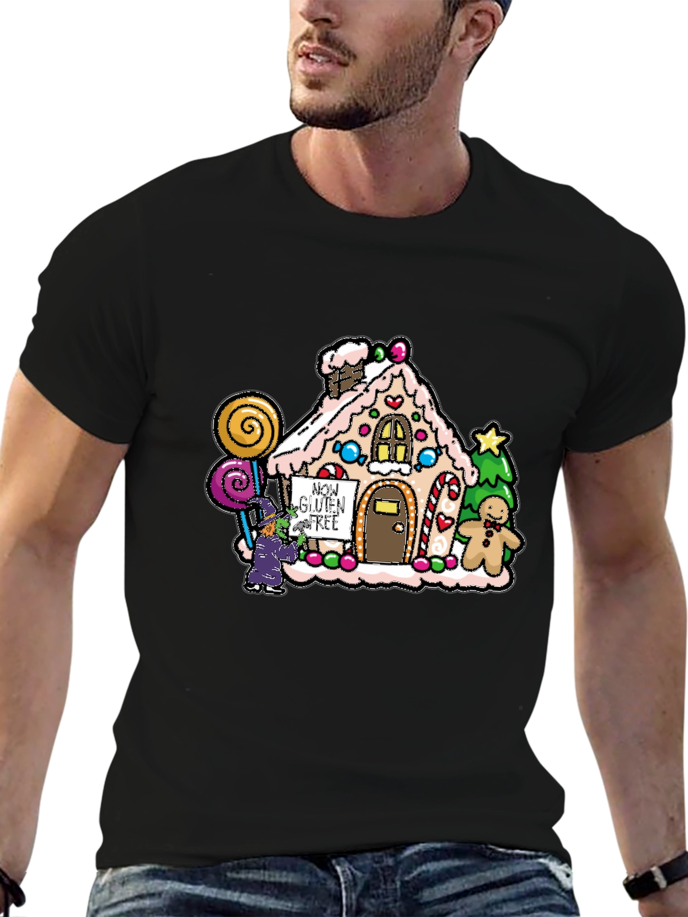 Black Gluten-Free Gingerbread House Graphic Tee view 6