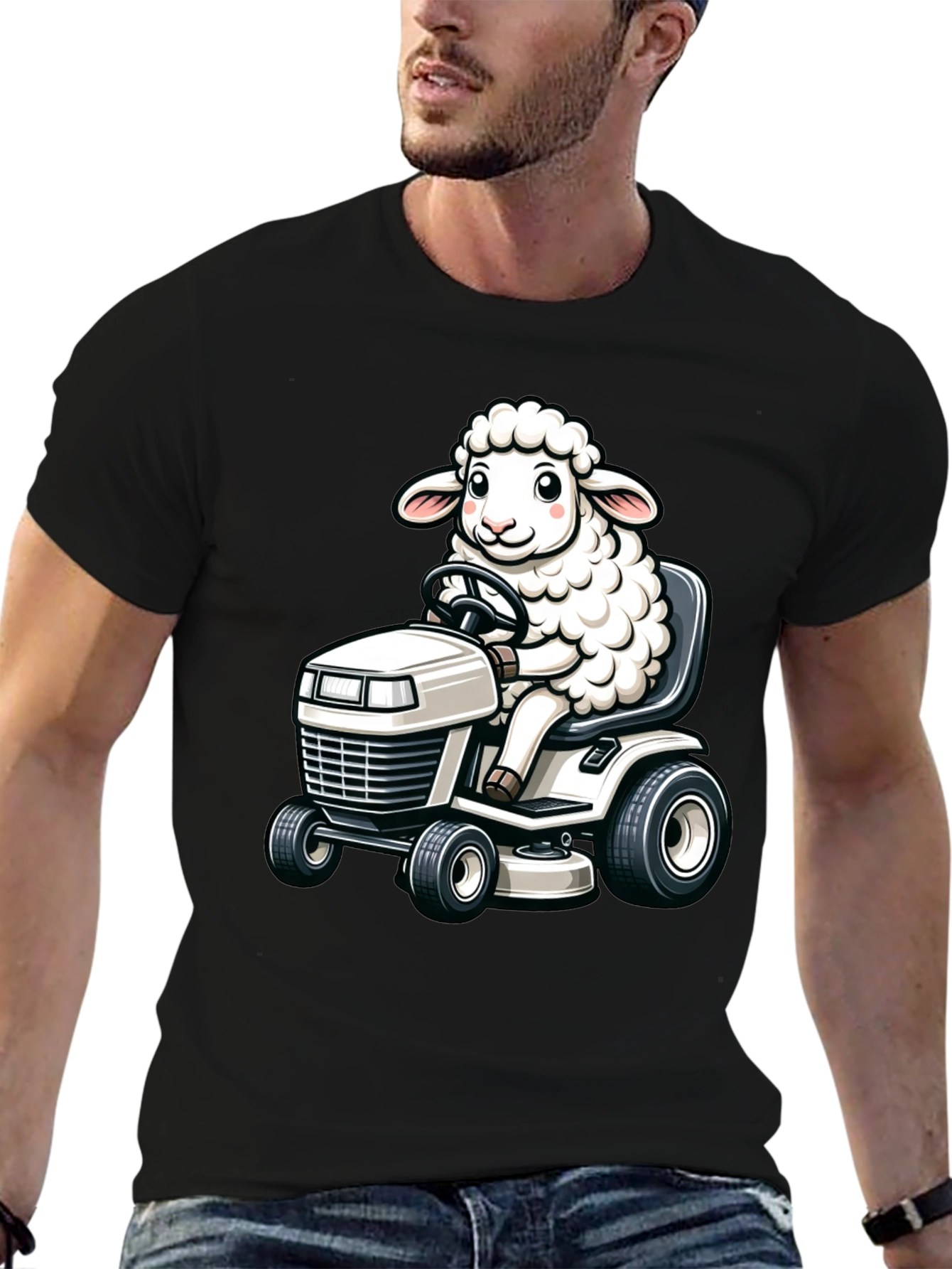 Black Sheep on Lawn Mower T-Shirt - Black view 6