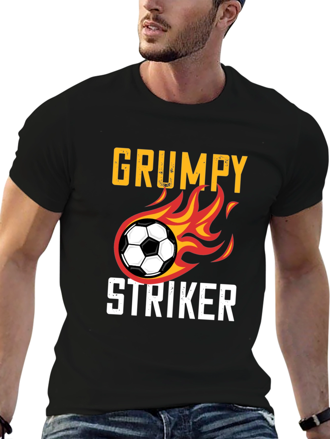 Black Grumpy Striker Soccer T-Shirt - Funny Sportswear view 6