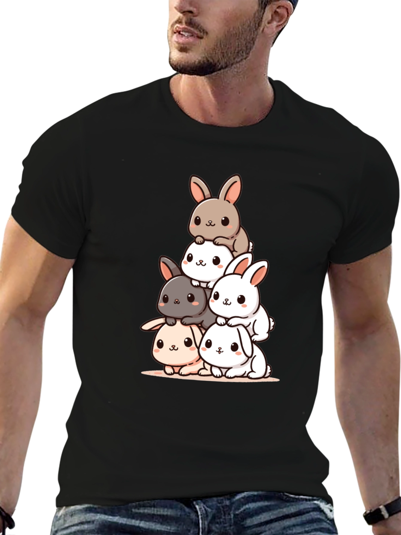 Cute Bunny Stack Graphic Tee - Black Cotton Blend - 6
