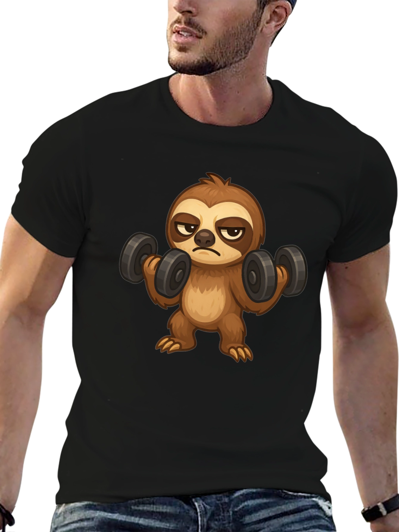 Black Sloth Lifting Weights Graphic T-Shirt view 6