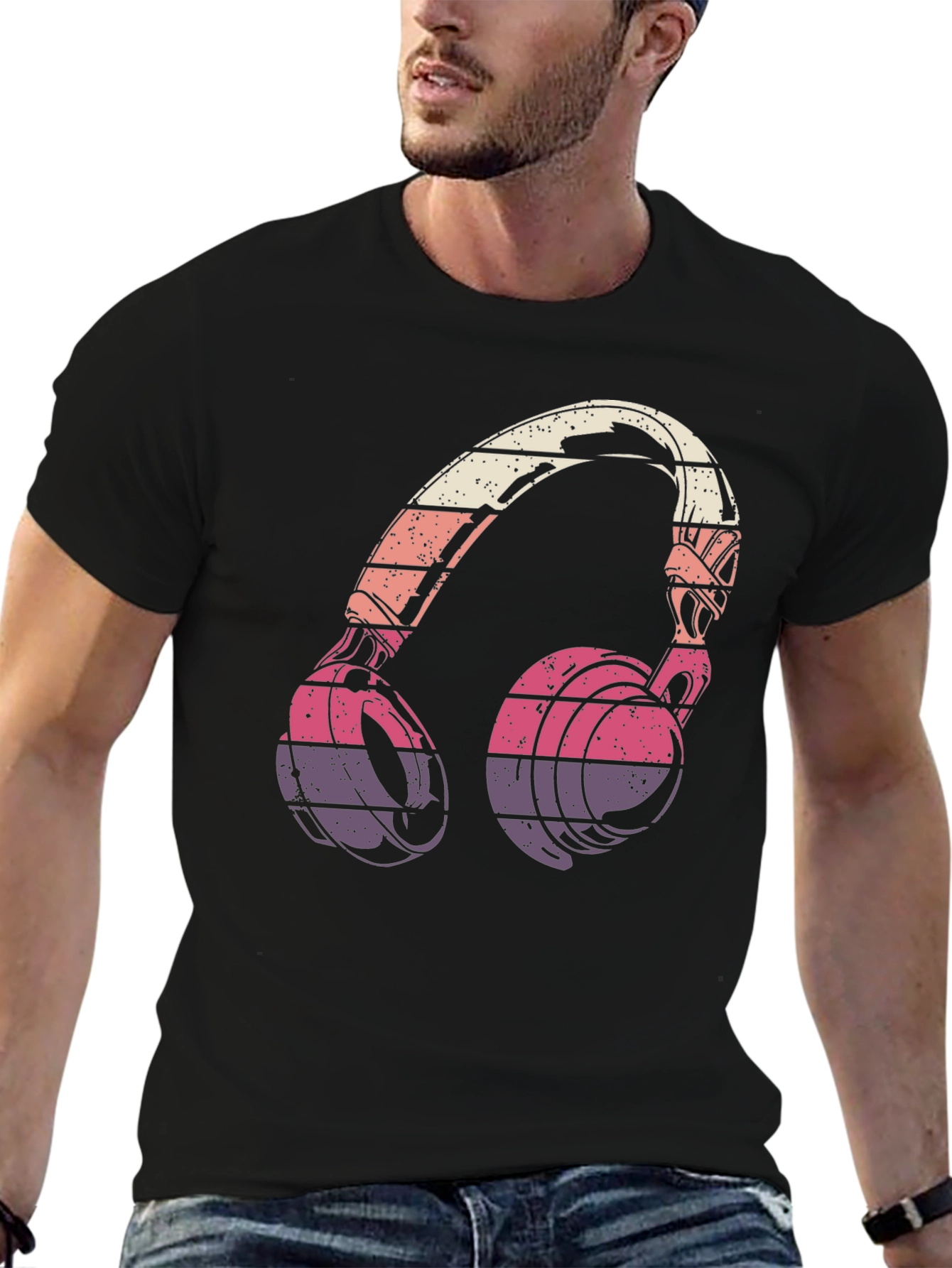 Black Retro Headphones Graphic T-Shirt view 6
