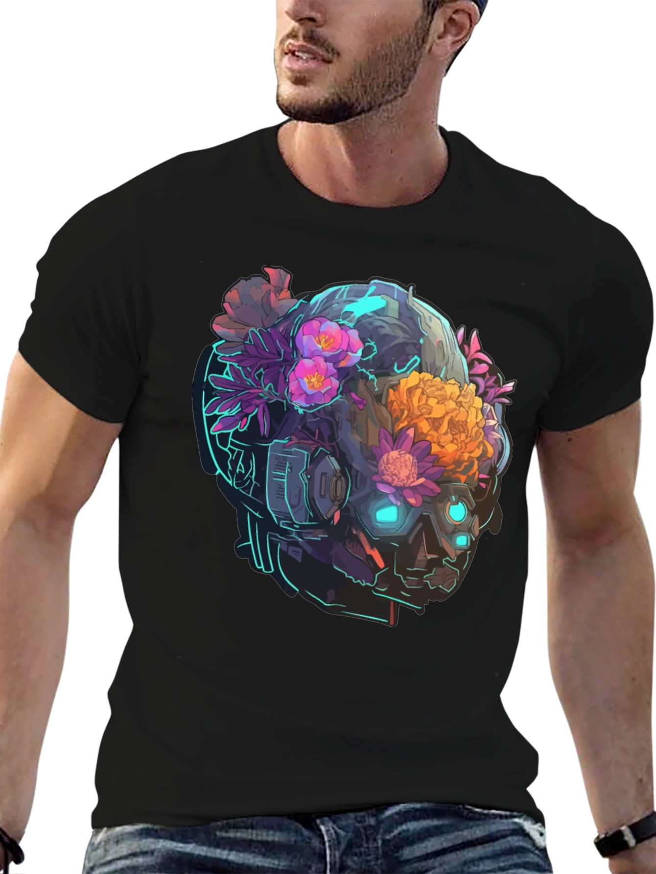 Black Floral Cyberpunk Skull T-Shirt - Unique Graphic Tee view 6