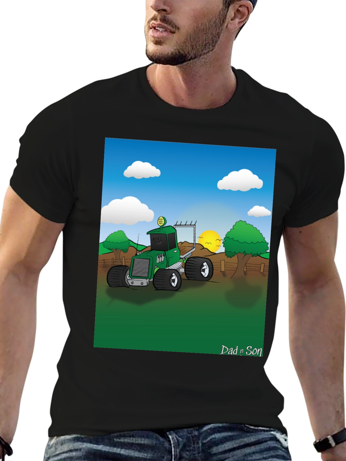 Black Dad n Son Cartoon Tractor Graphic T-Shirt view 6