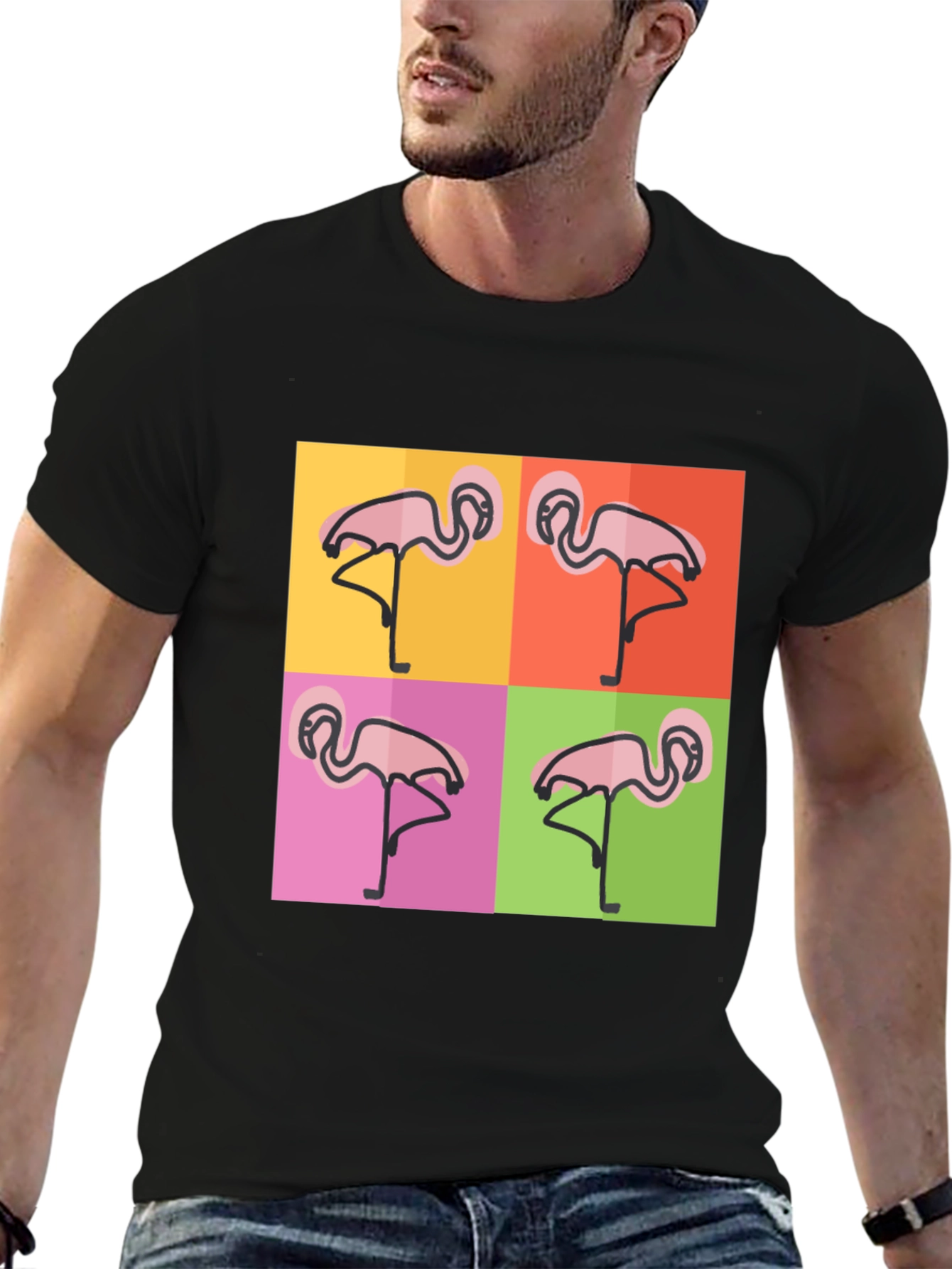 Black Funky Flamingo Pop Art Black T-Shirt view 6