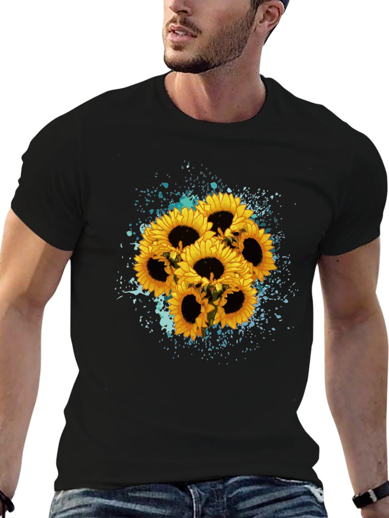Black Sunflower Splash Black T-Shirt - Floral Graphic Tee view 6