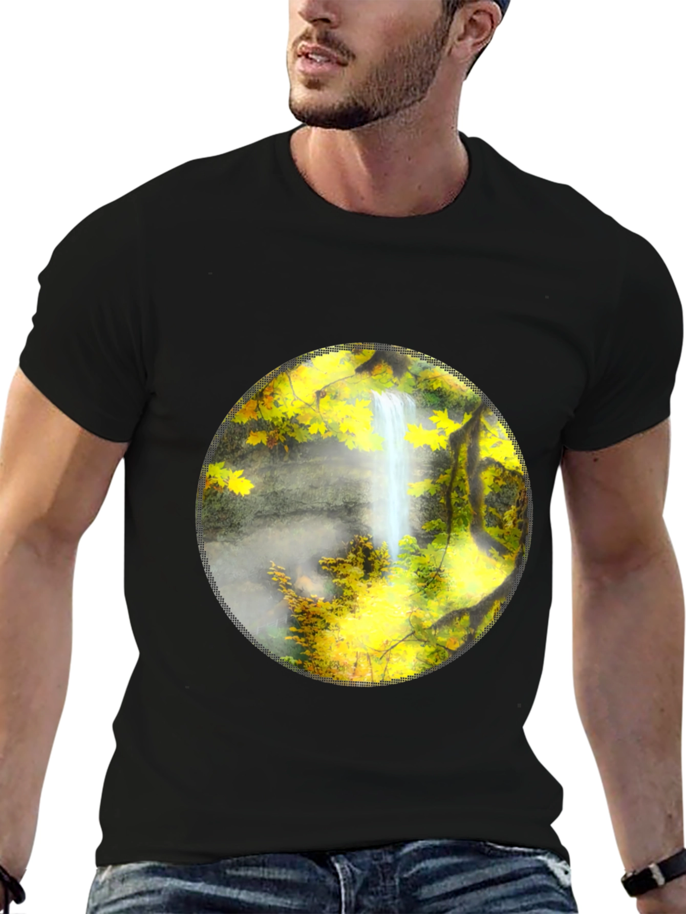 Black Waterfall Graphic Tee - Nature Lover's Black T-Shirt view 6