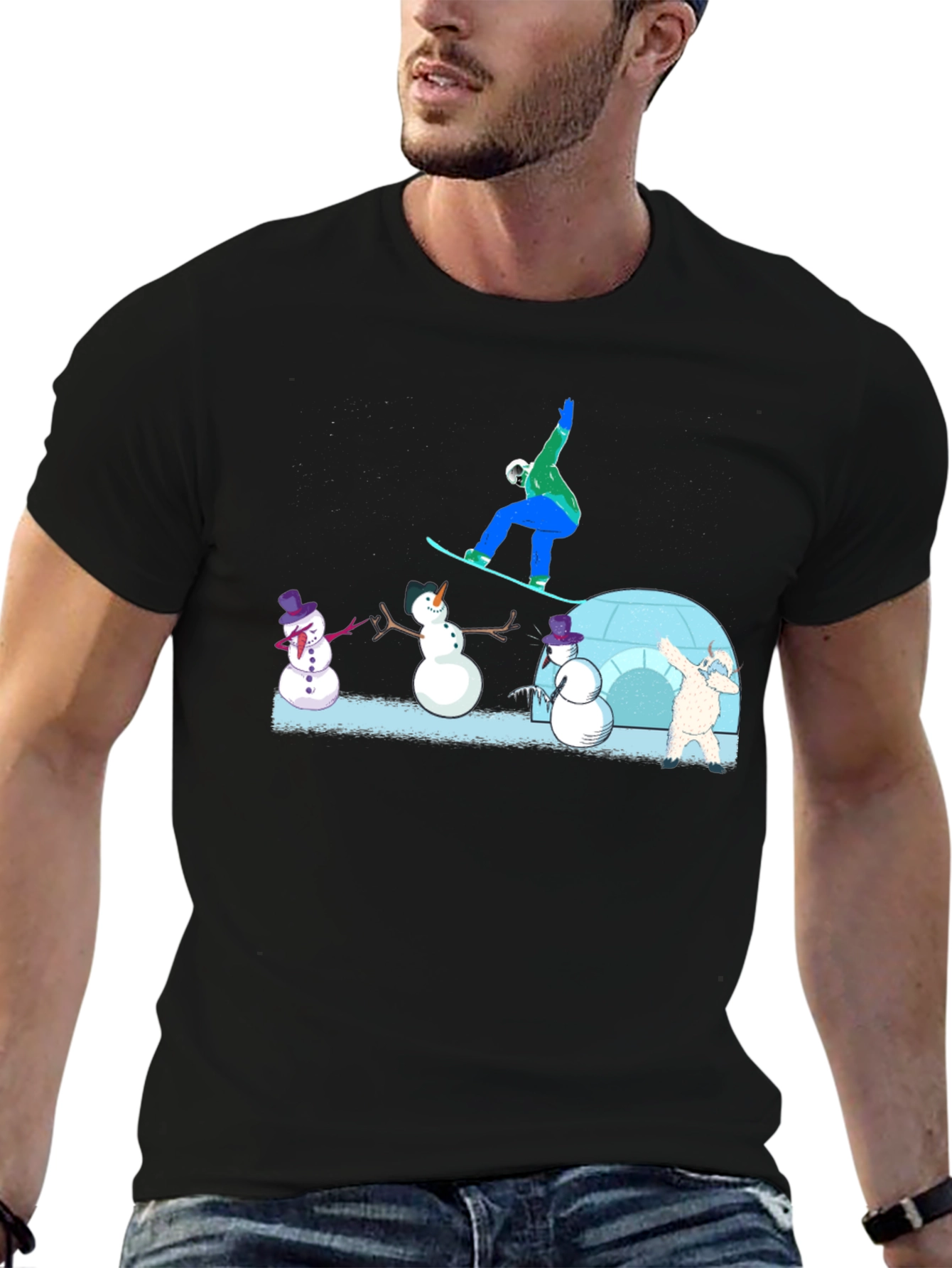 Black Snowboarder and Snowmen Graphic T-Shirt view 6