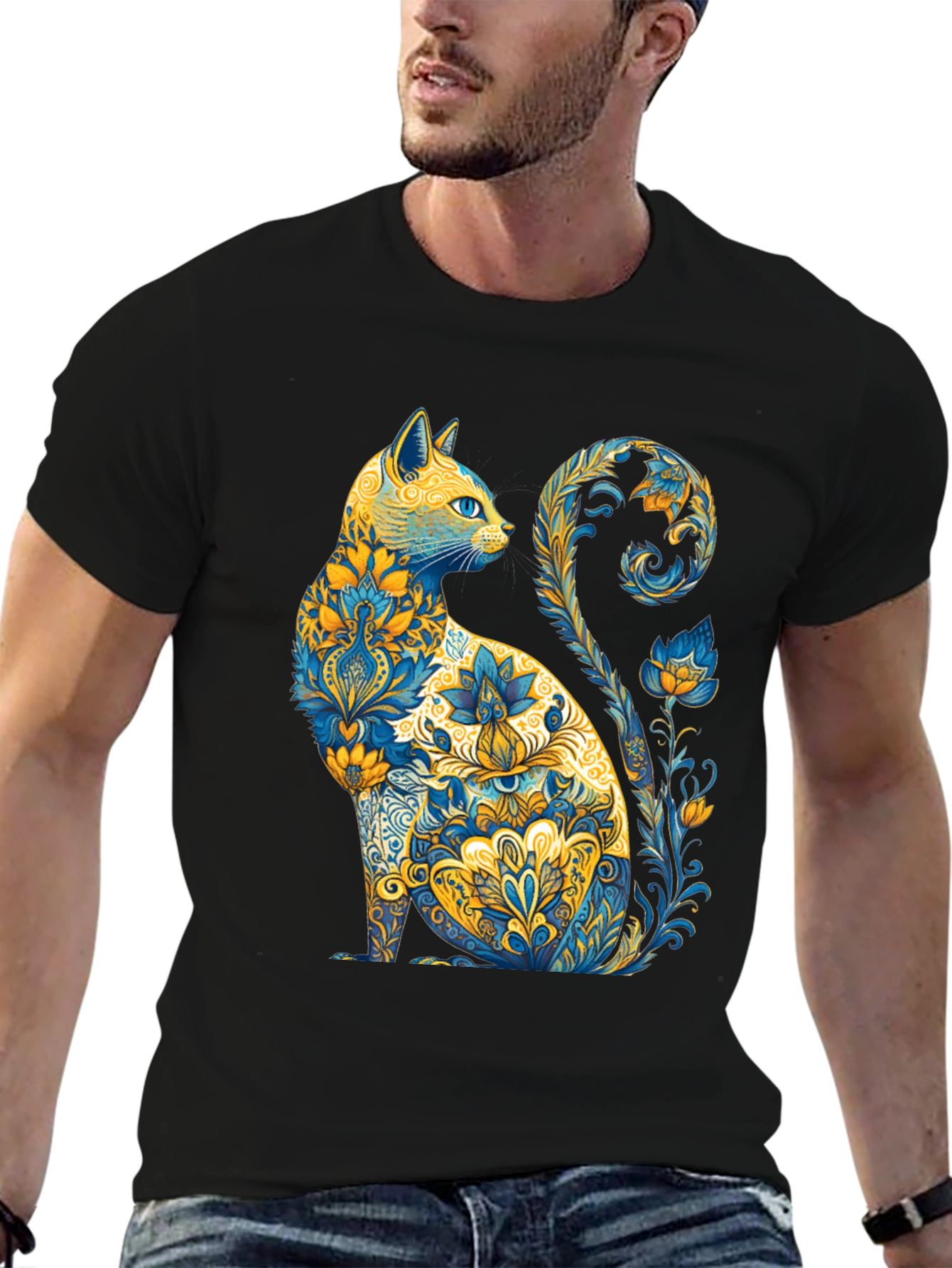 Black Floral Cat Graphic T-Shirt - Unique Design view 6