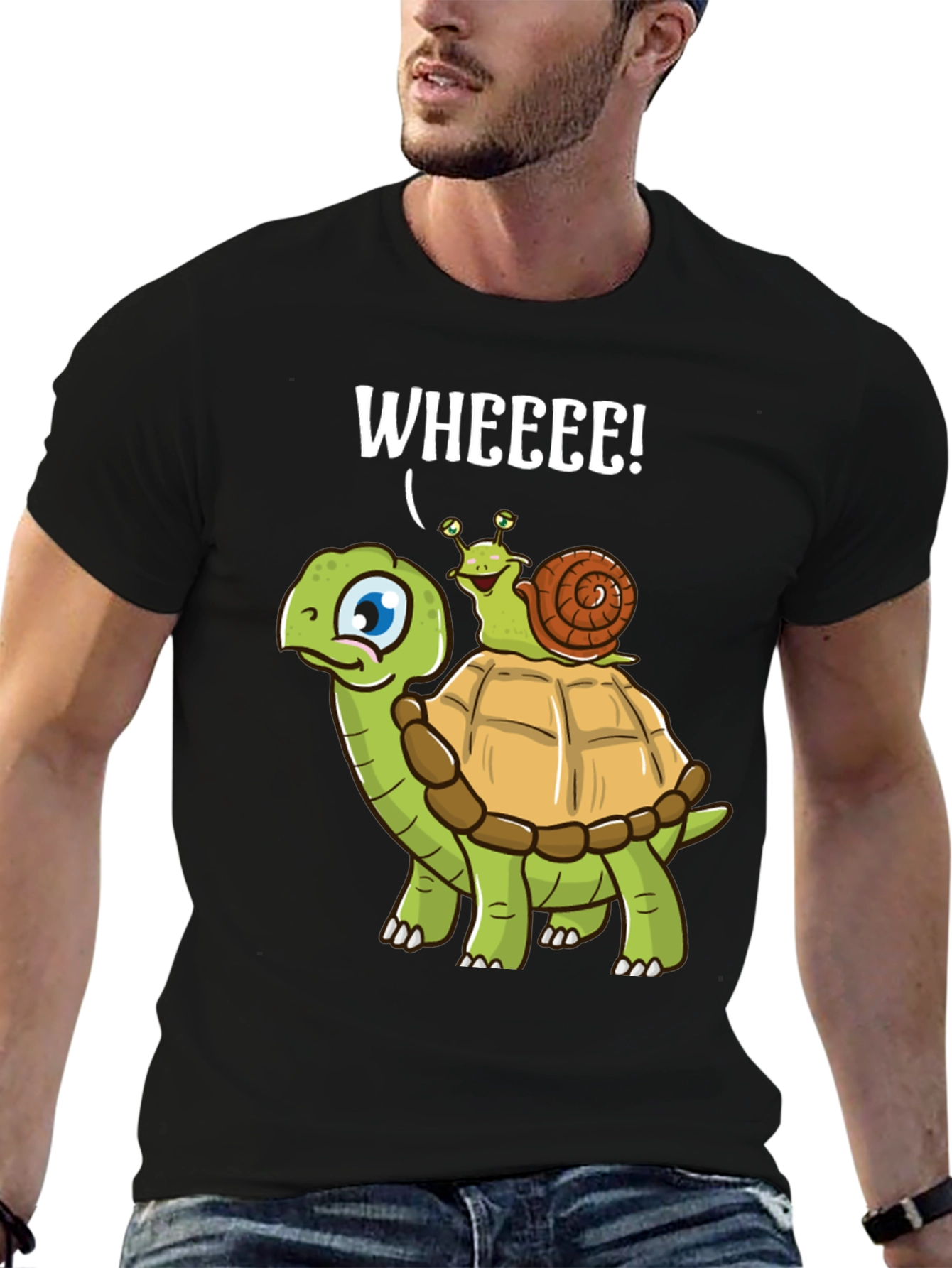 Black Funny Turtle Snail Wheee! Graphic T-Shirt view 6