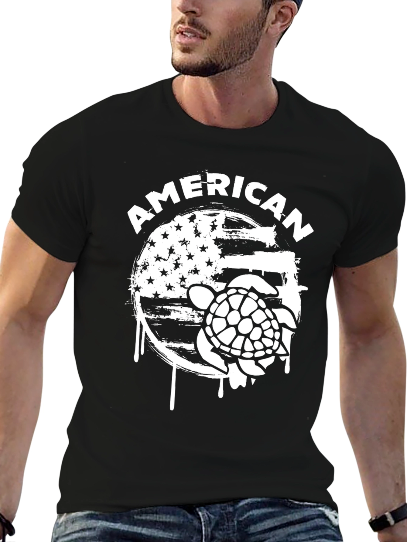 Black American Turtle Graphic Print Crew Neck T-Shirt view 6