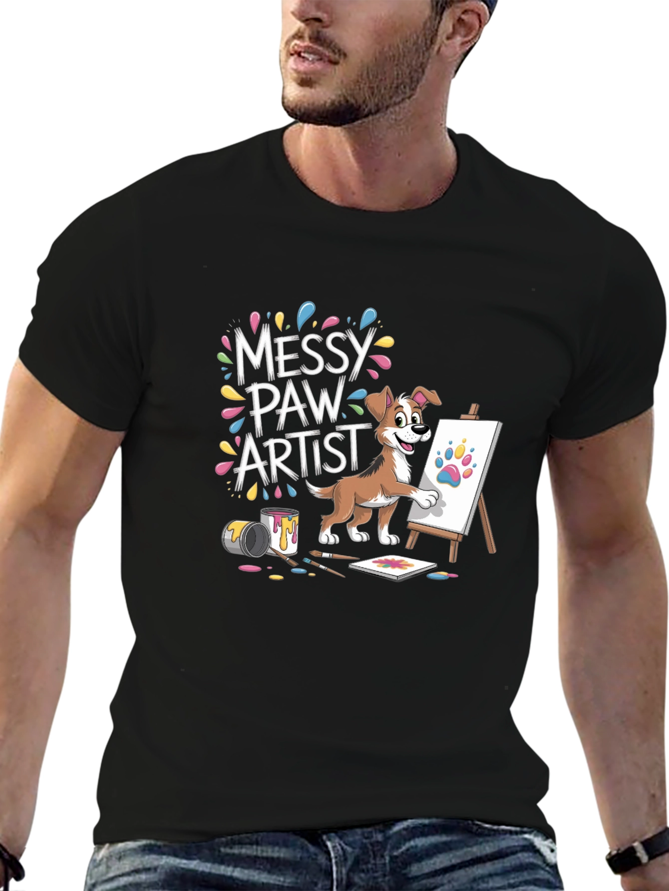Black Messy Paw Artist T-Shirt - Cute Dog Painting Design view 6