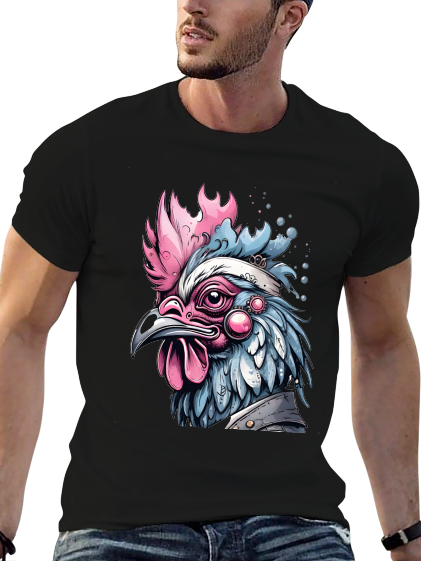 Black Artistic Chicken Graphic T-Shirt view 6