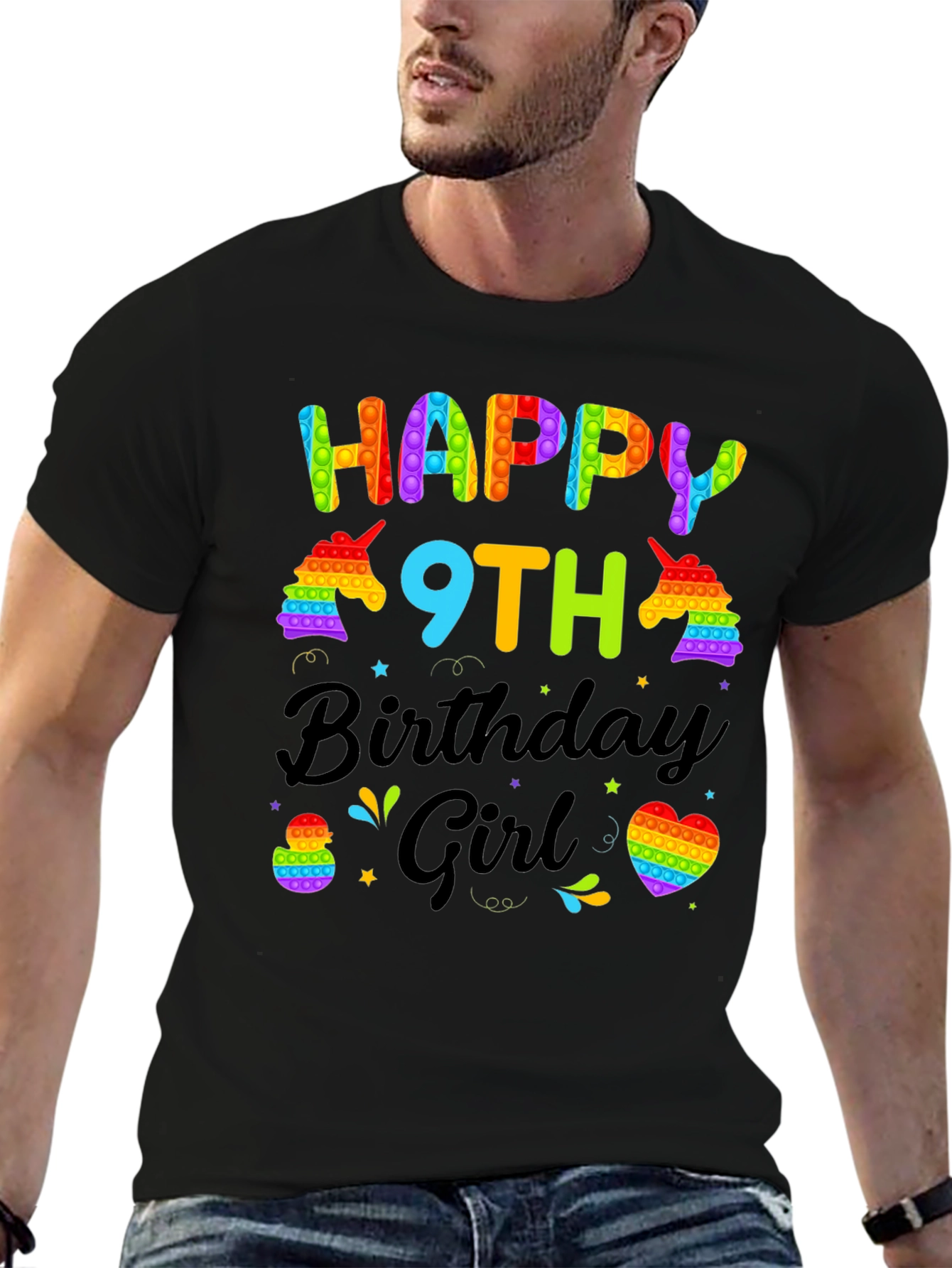 Black Happy 9th Birthday Girl T-Shirt - Pop It Unicorn view 6