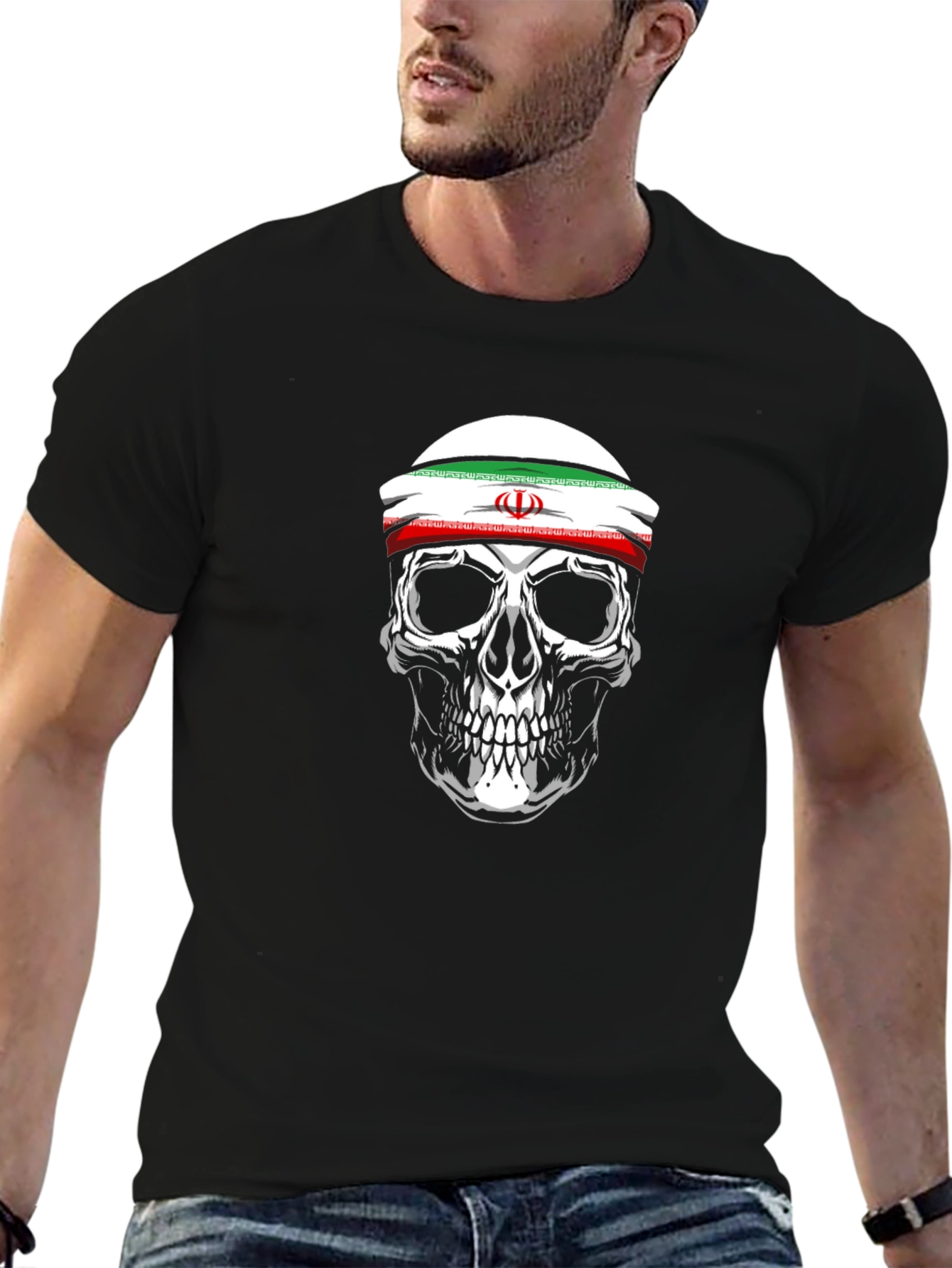 Black Skull with Iran Flag Headband Black T-Shirt view 6