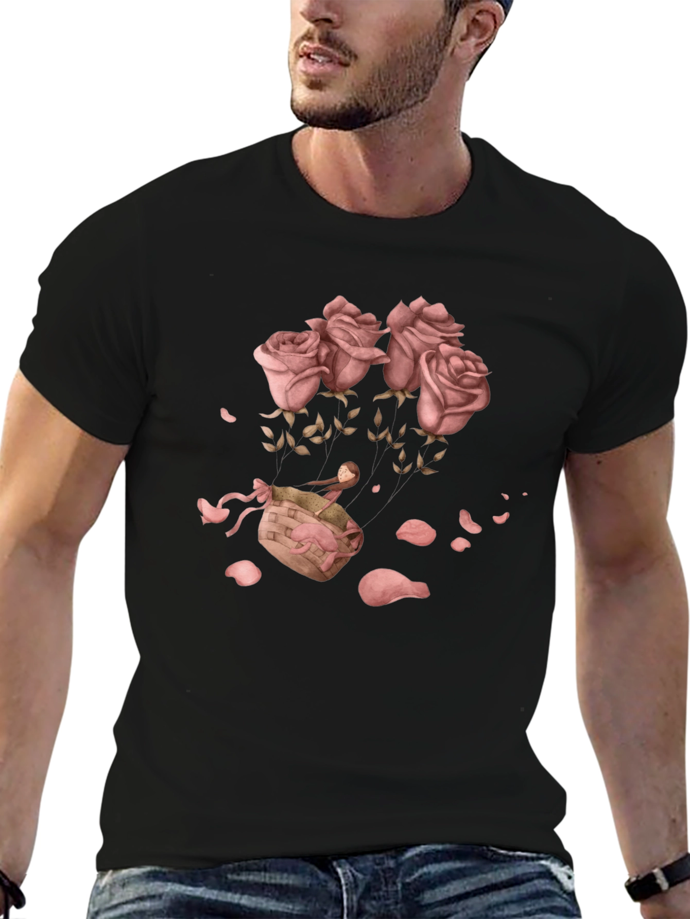 Black Floral Graphic T-Shirt - Rose Basket Design view 6