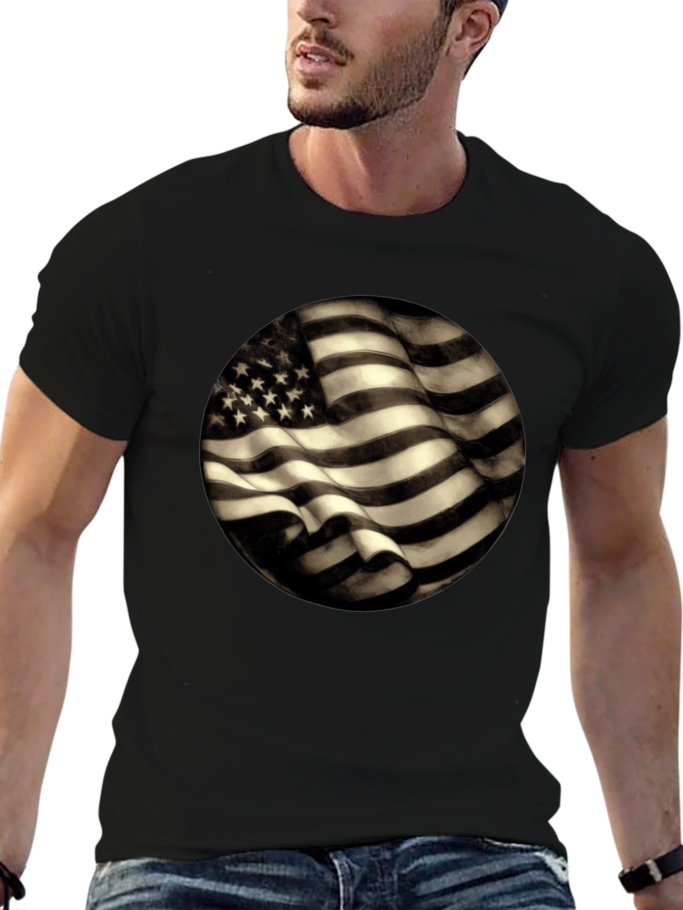Black American Flag Graphic Men's Black T-Shirt view 6