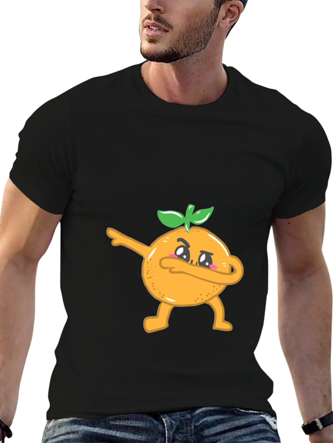 Black Dabbing Orange Graphic Tee - Black Cotton T-Shirt view 6