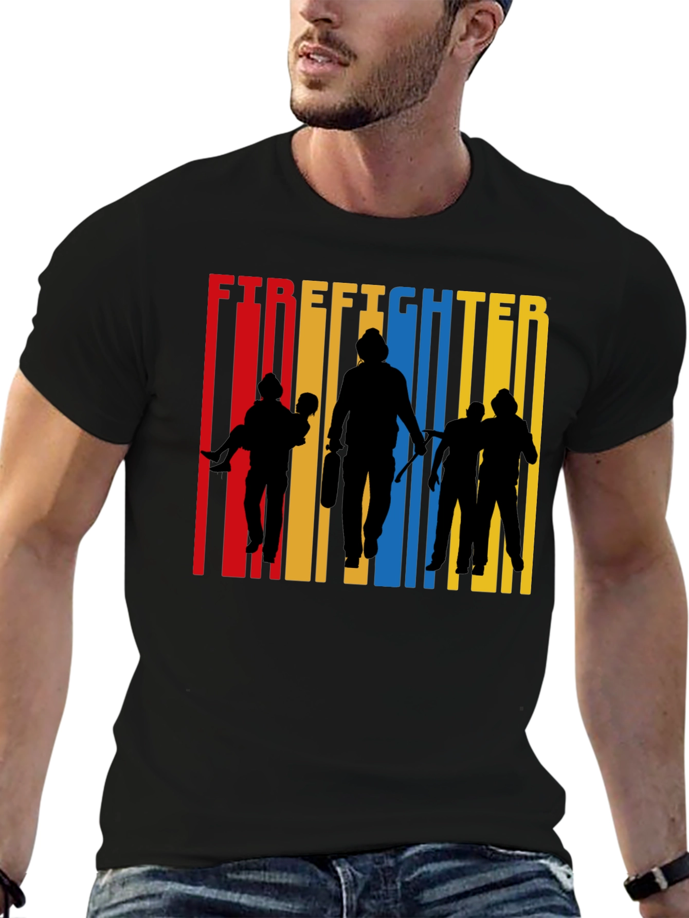 Black Firefighter Silhouette Graphic Tee - Crew Neck Cotton T-Shirt view 6
