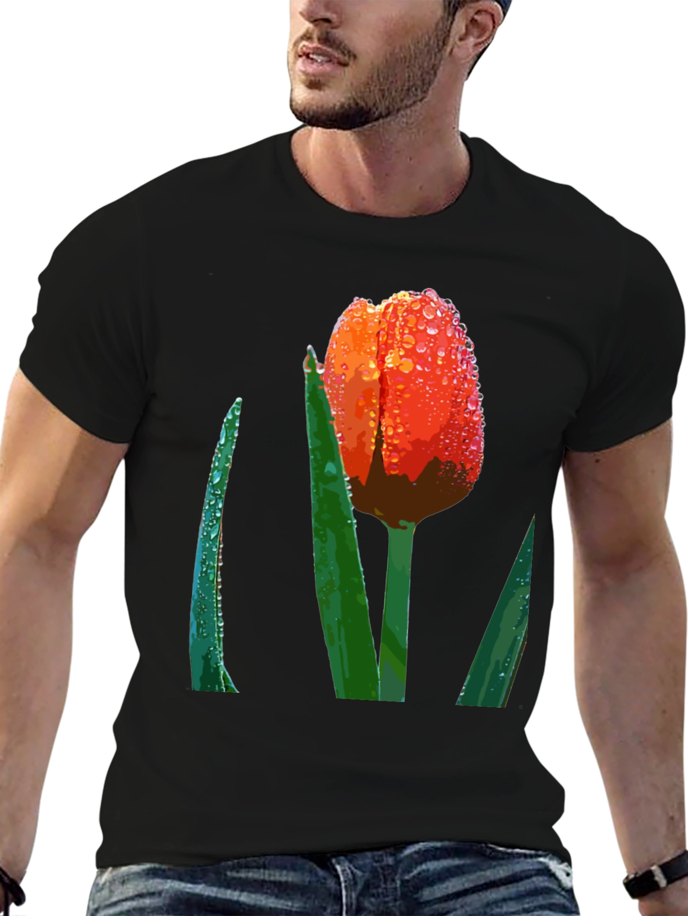 Black Tulip Dewdrop Graphic Tee - Unique Floral Design view 6