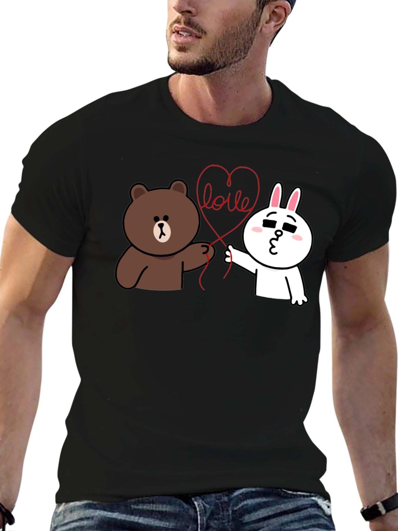 Black Cute Cartoon Love Graphic Black T-Shirt view 6