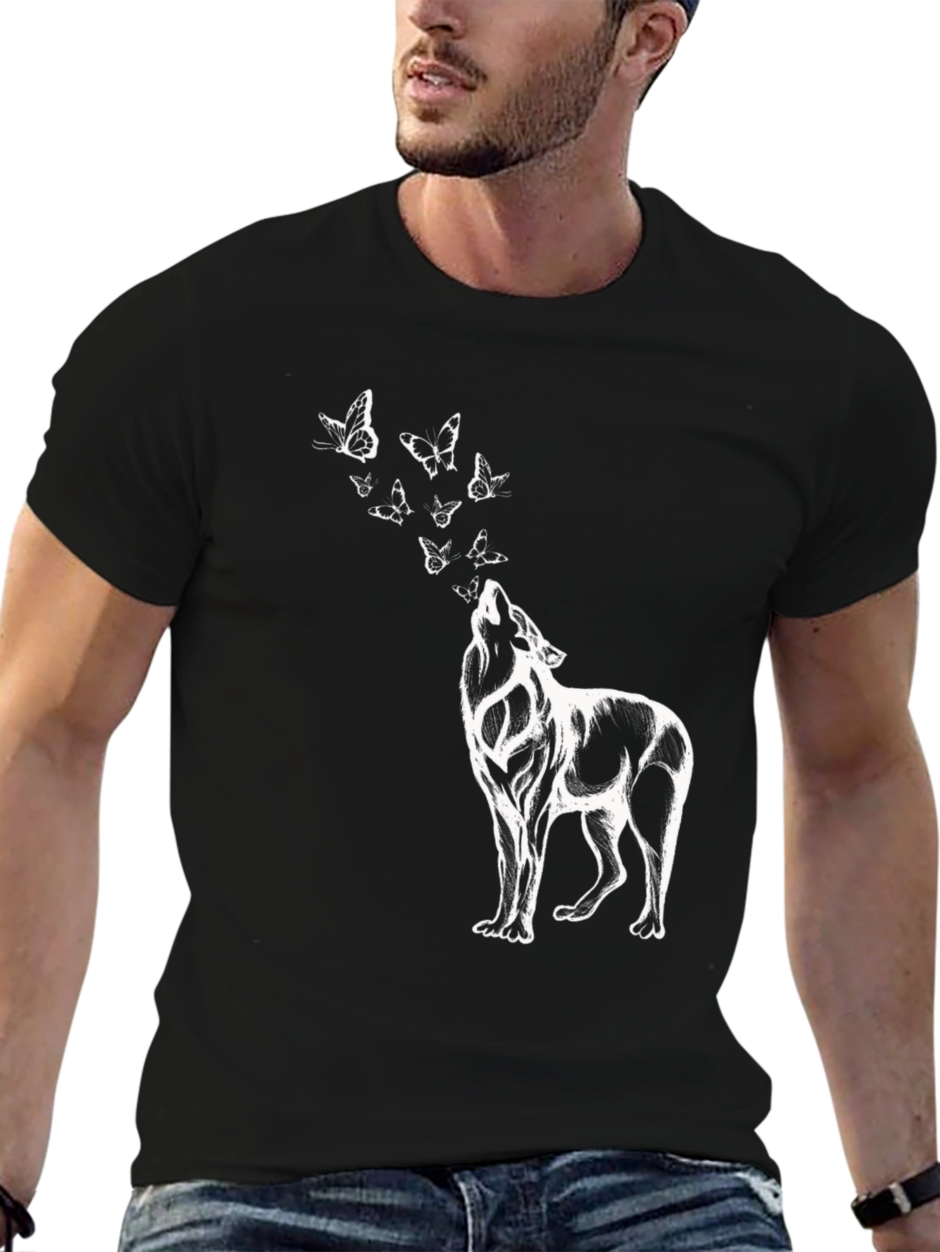 Black Wolf & Butterfly Graphic T-Shirt - Black view 6