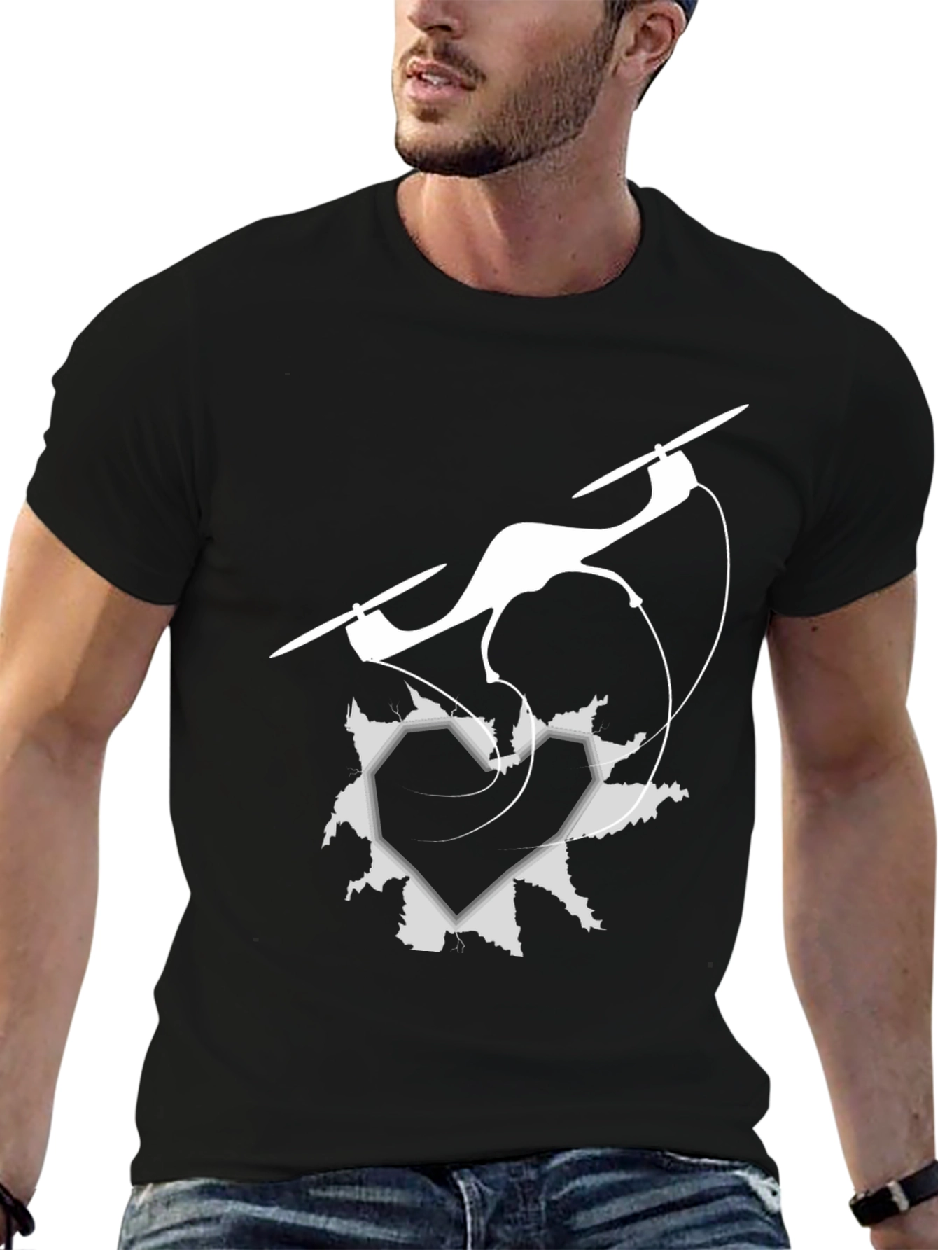Black Drone Heart Graphic Tee - Black Crew Neck view 6