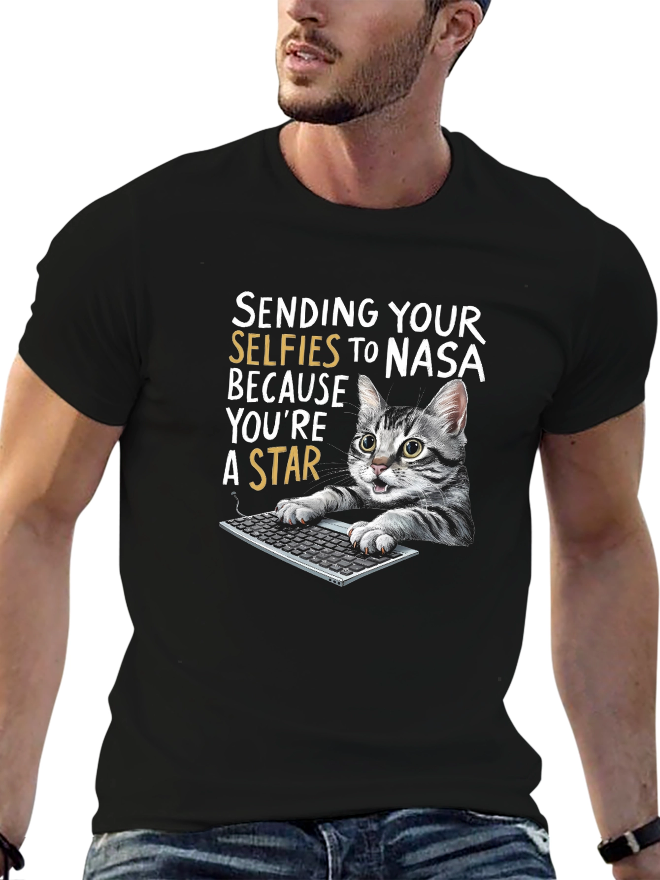 Black Funny Cat T-Shirt - Sending Selfies to NASA view 6