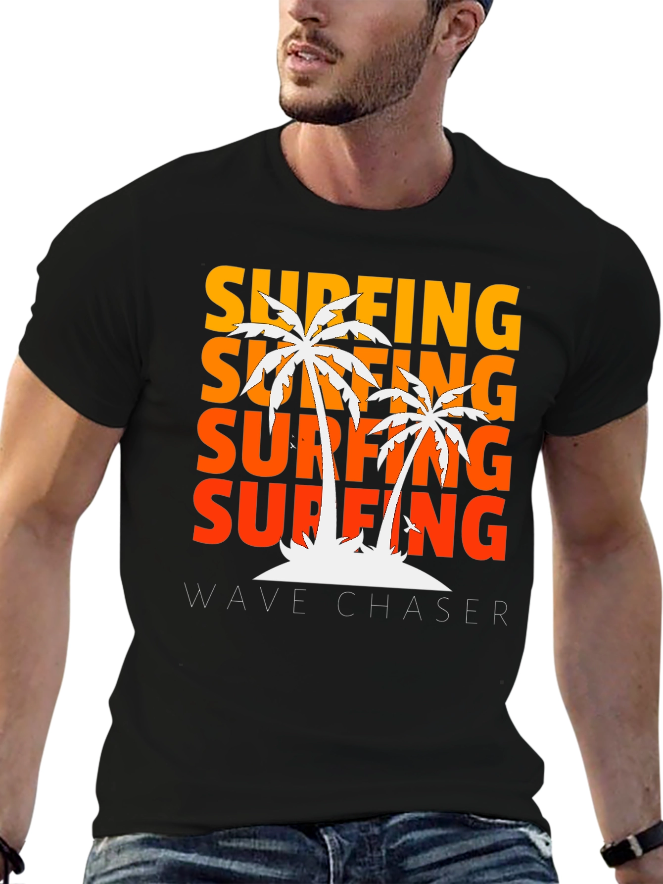 Black Surfing Wave Chaser Black T-Shirt with Palm Tree Design view 6