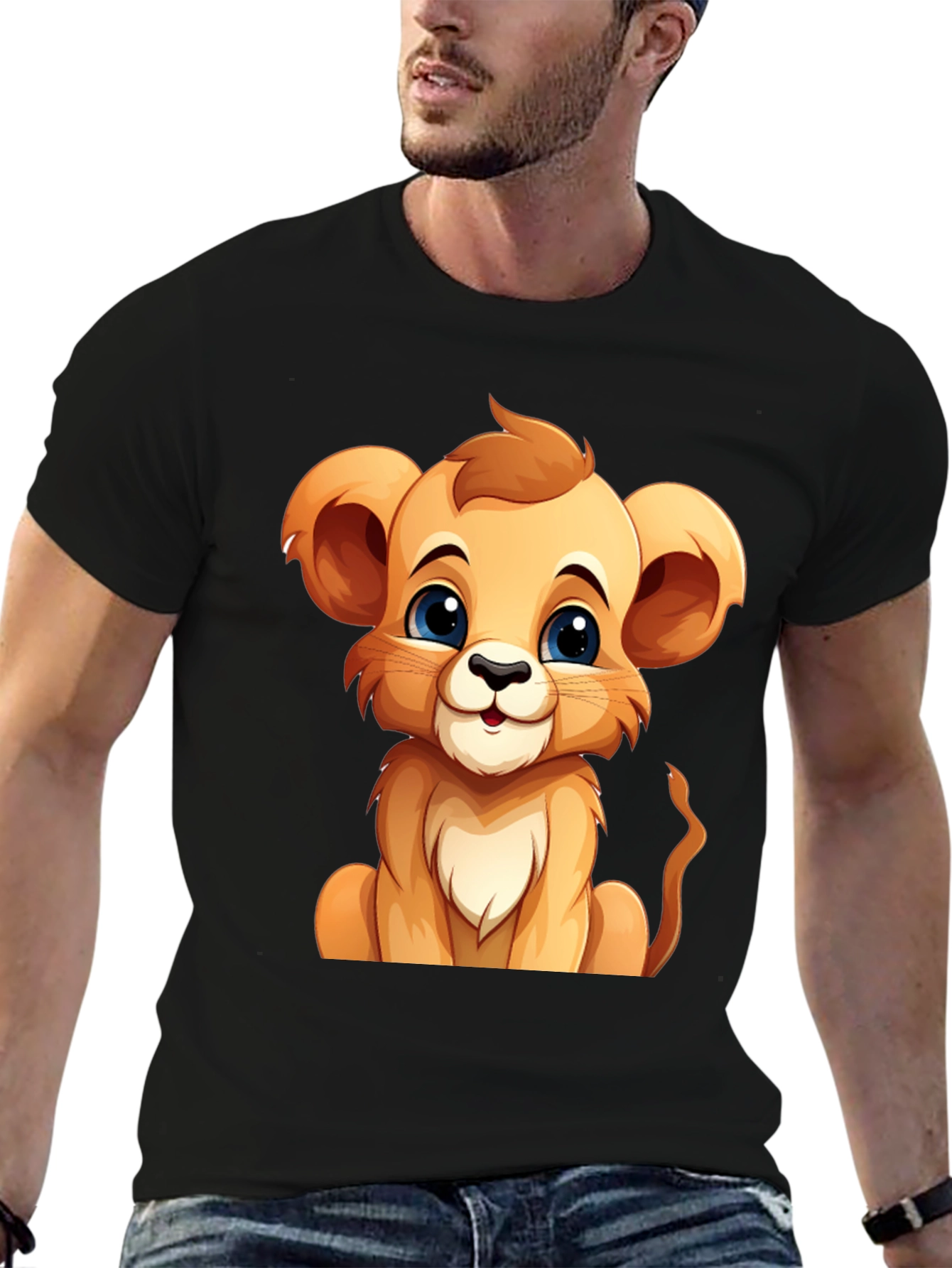 Black Cute Lion Cub Graphic Tee - Black Cotton T-Shirt view 6