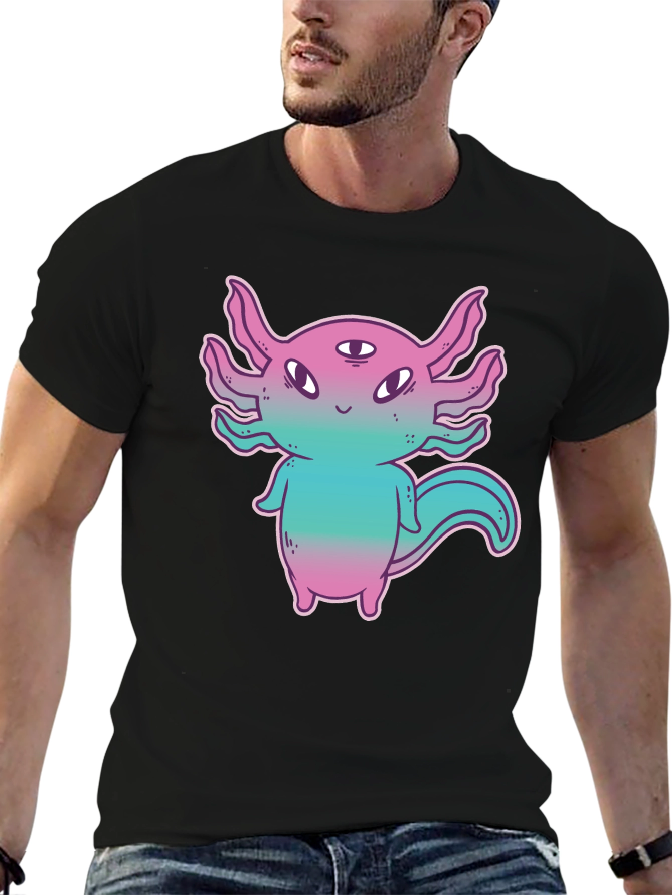 Black Axolotl Alien Graphic Tee - Funky 3-Eyed Amphibian Shirt view 6